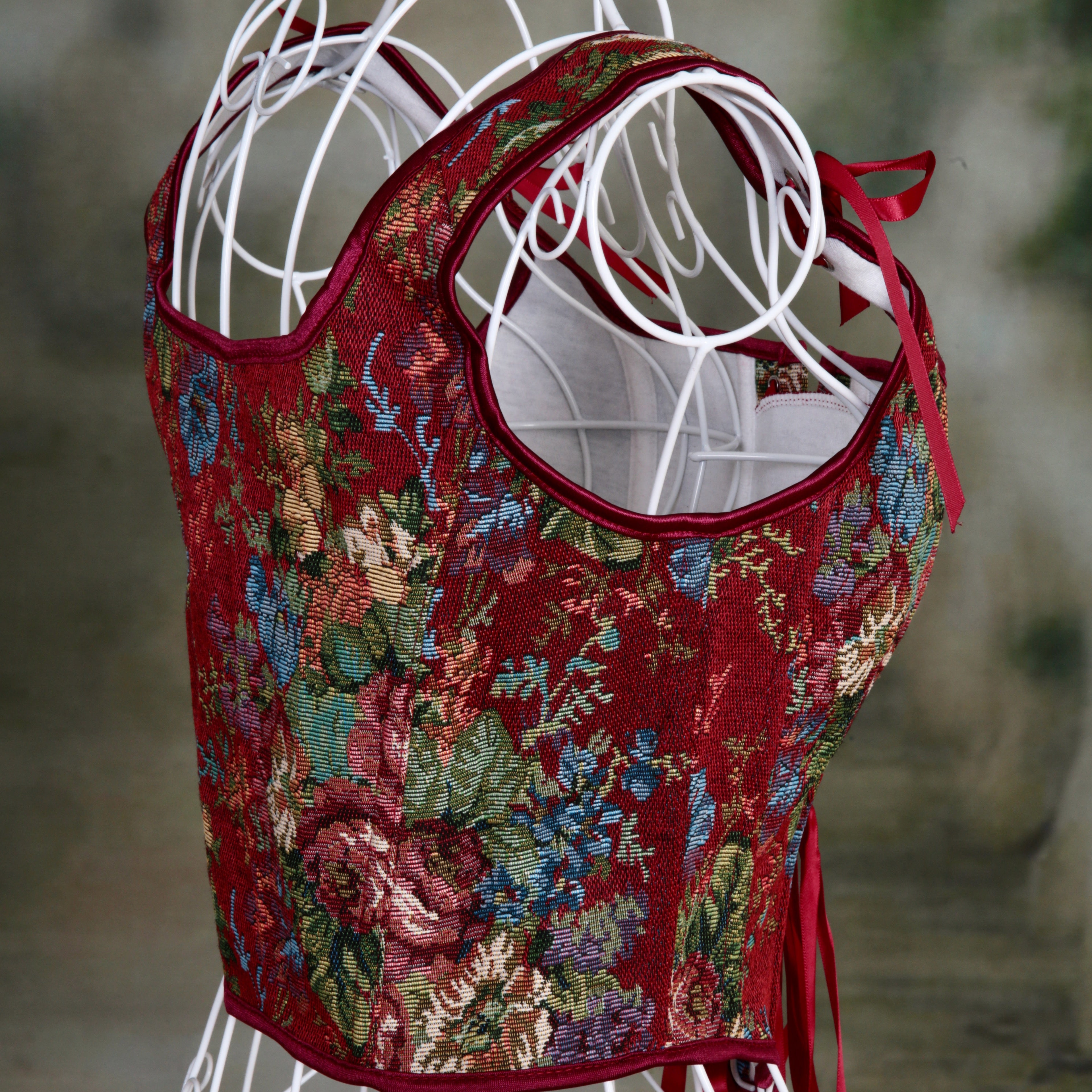 Overbust Corset. Beautiful Red Floral Square Neck. Lace tie-up Front Boned Corset, Renaissance Fair Corset, Fairy wings, Steampunk.