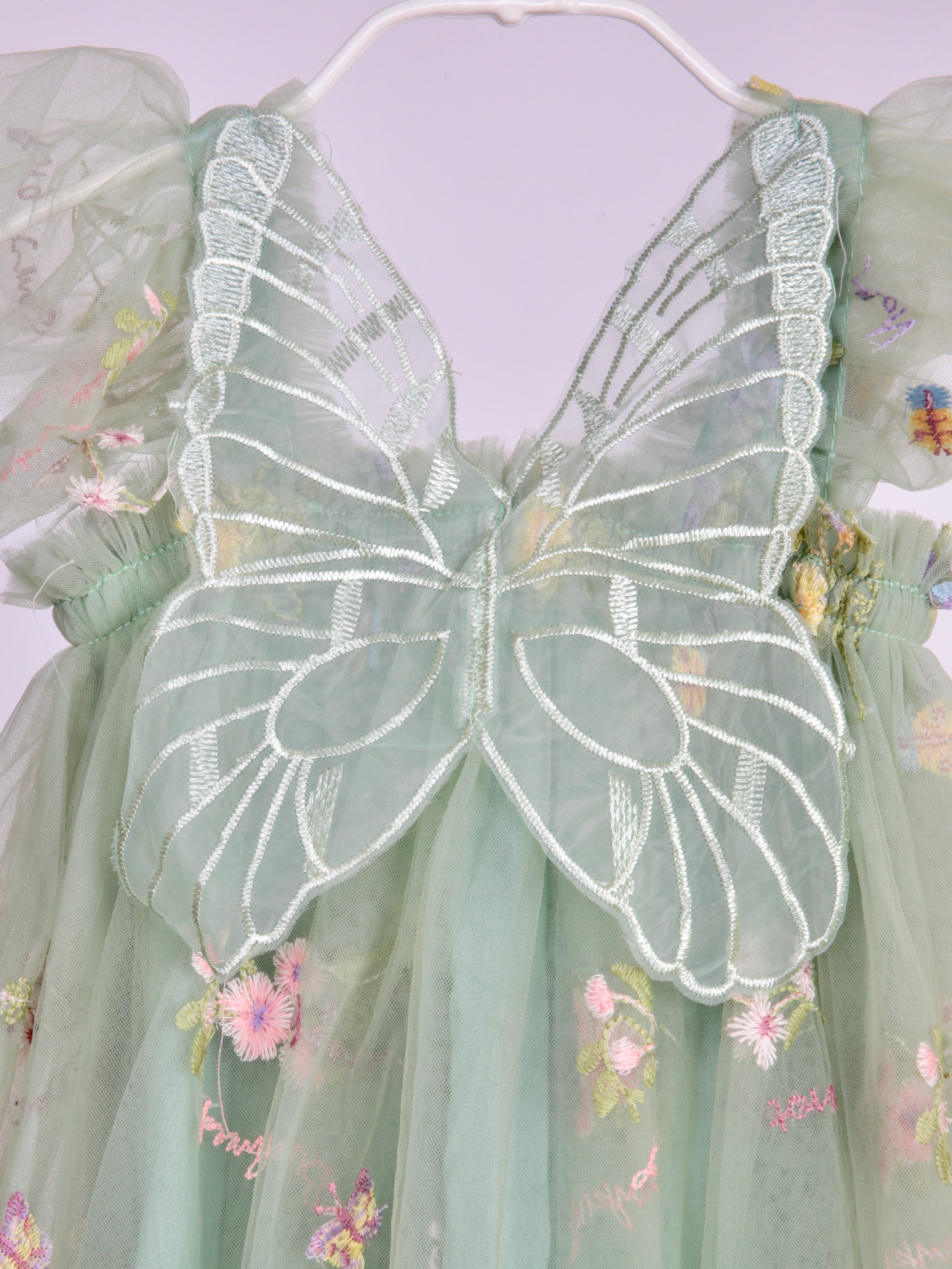 Girls Embroidered Tulle Light Sage Green Dress with wings. Beautiful Green Tulle Dress. Bridesmaid dress, flower girl dress, party dress.