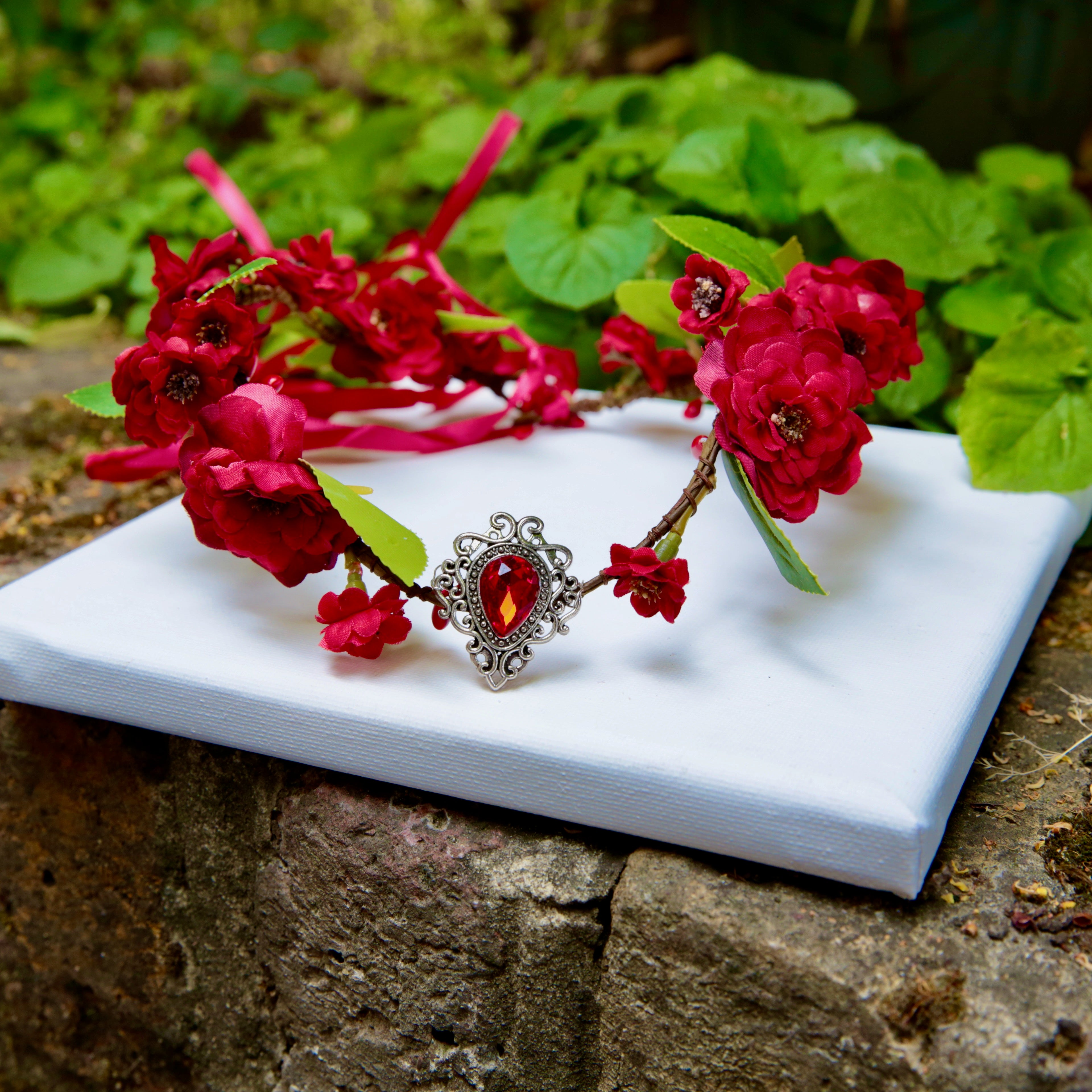 Fairy Crown, Elven Red Flowers Tiara with a Red crystal.
