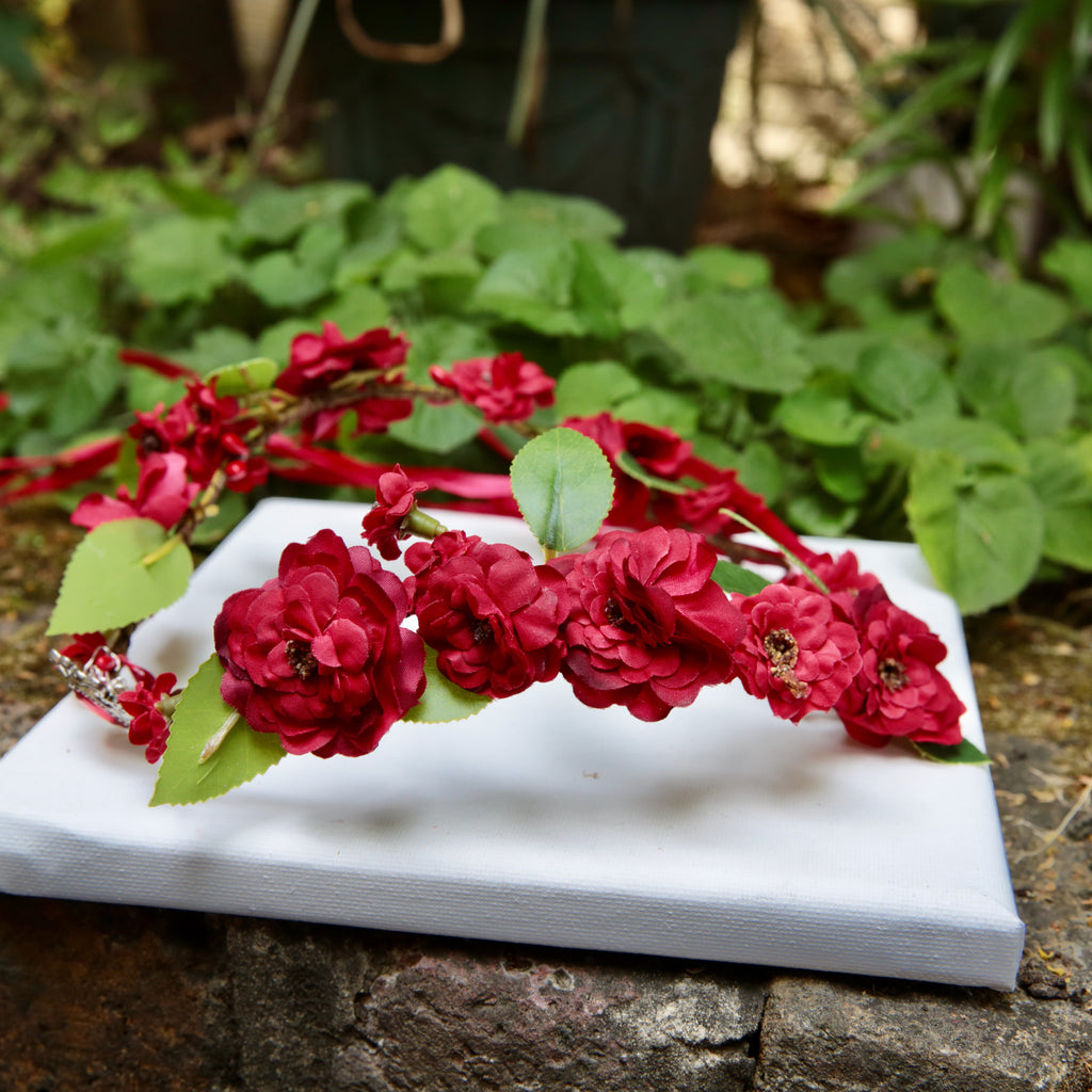 Fairy Crown, Elven Red Flowers Tiara with a Red crystal.