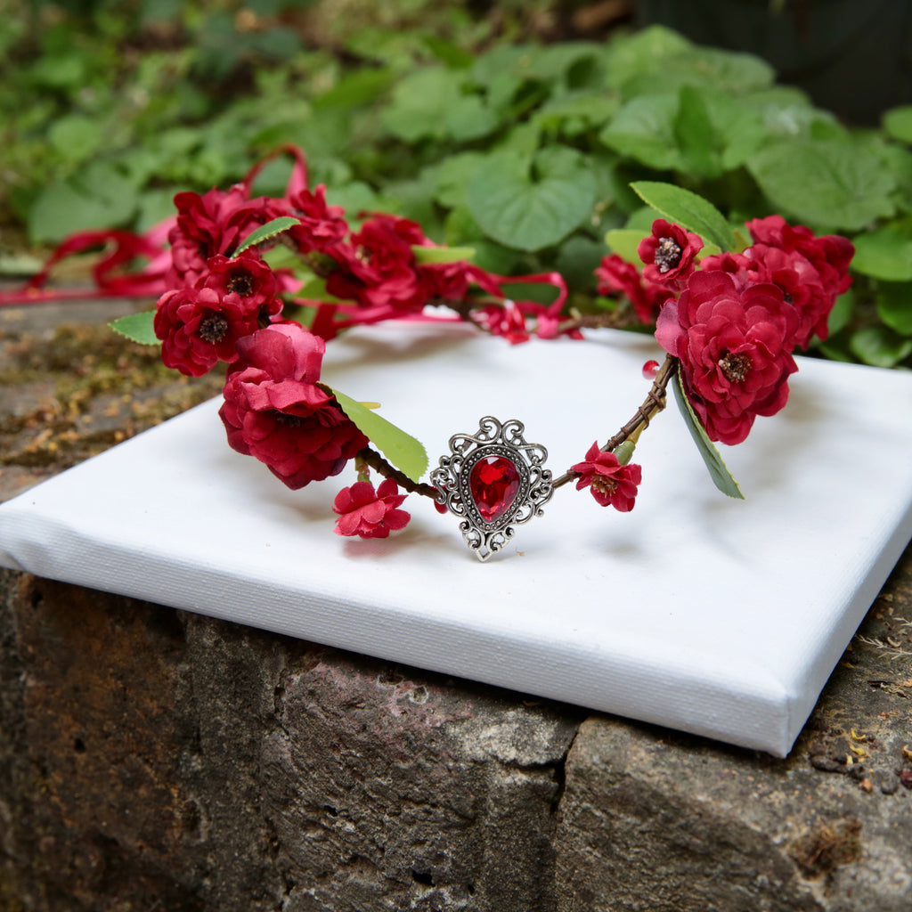 Fairy Crown, Elven Red Flowers Tiara with a Red crystal.