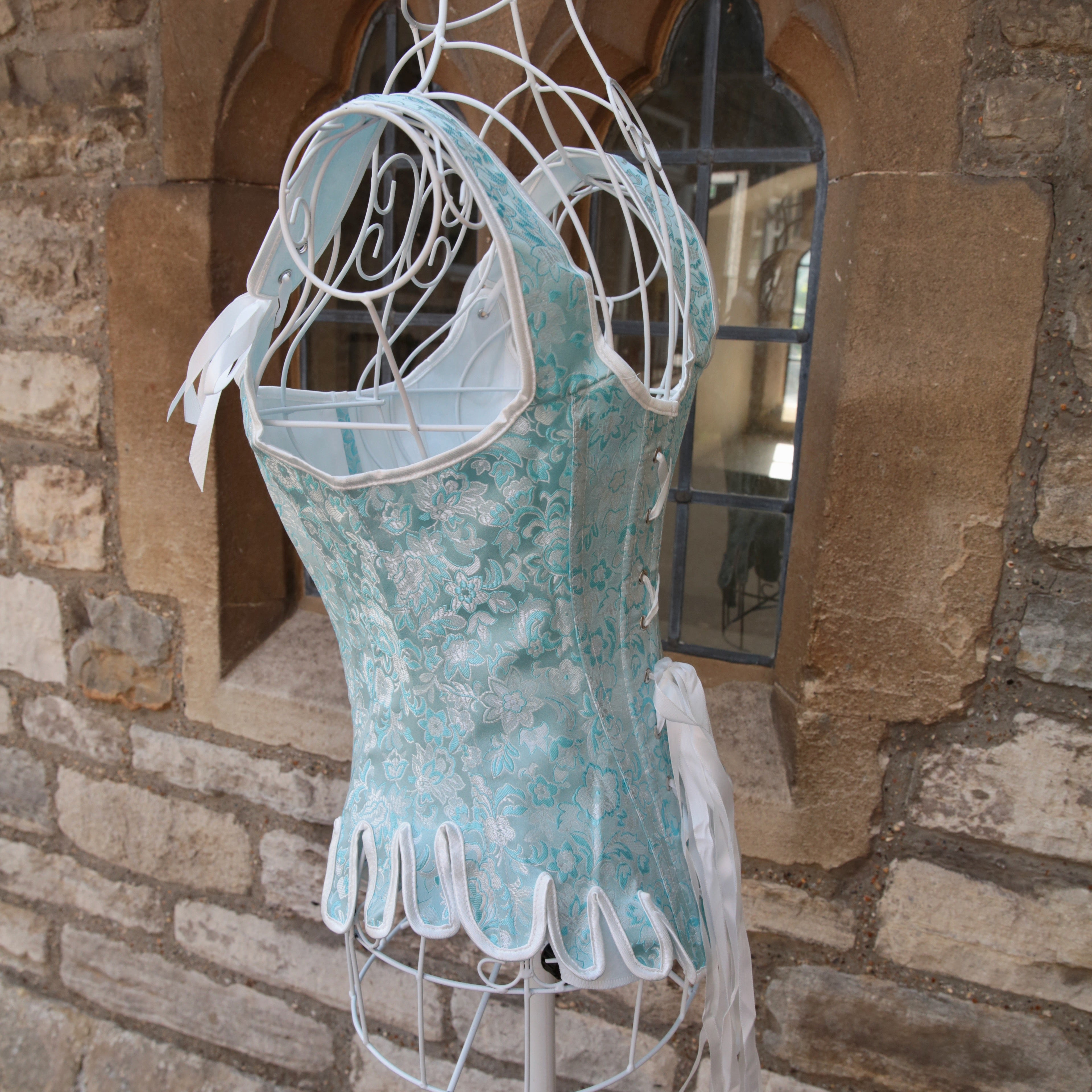 Overbust Corset. Beautiful Powder Blue and White  Square Neck Corset. Lace tie-up back Boned Corset, Renaissance Corset  Fair, Steampunk.