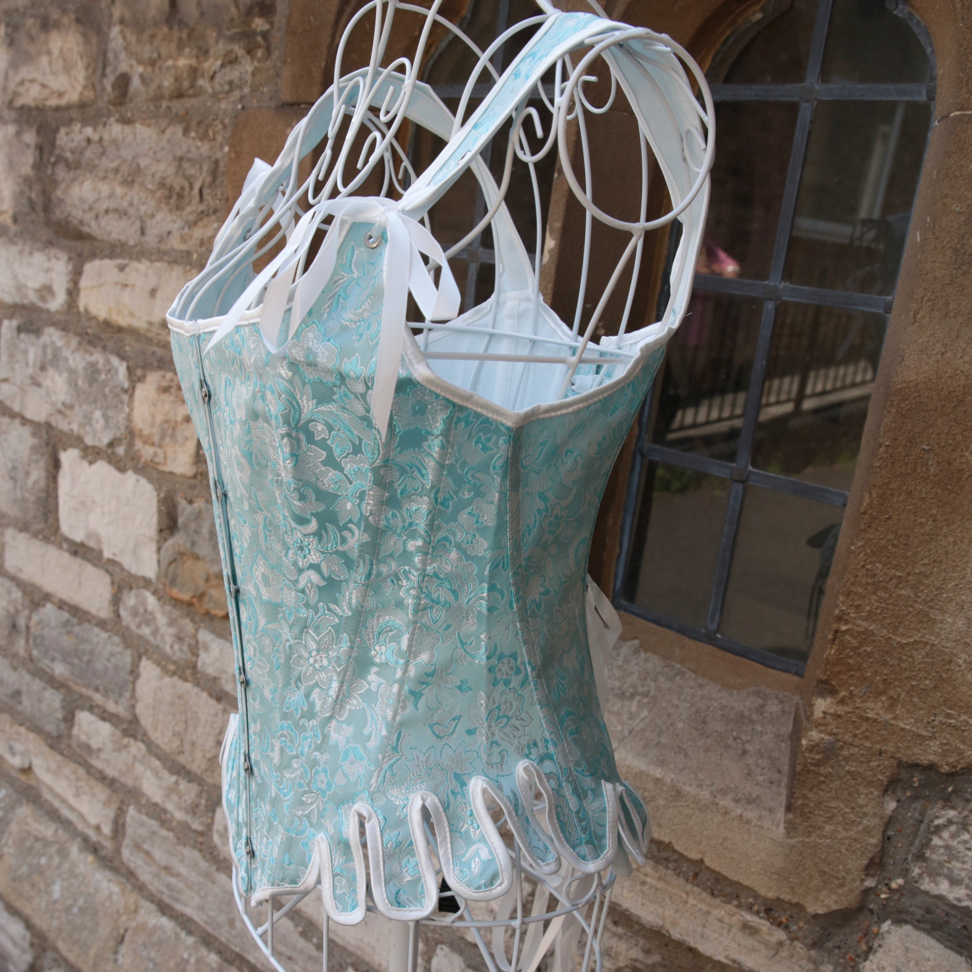 Overbust Corset. Beautiful Powder Blue and White  Square Neck Corset. Lace tie-up back Boned Corset, Renaissance Corset  Fair, Steampunk.