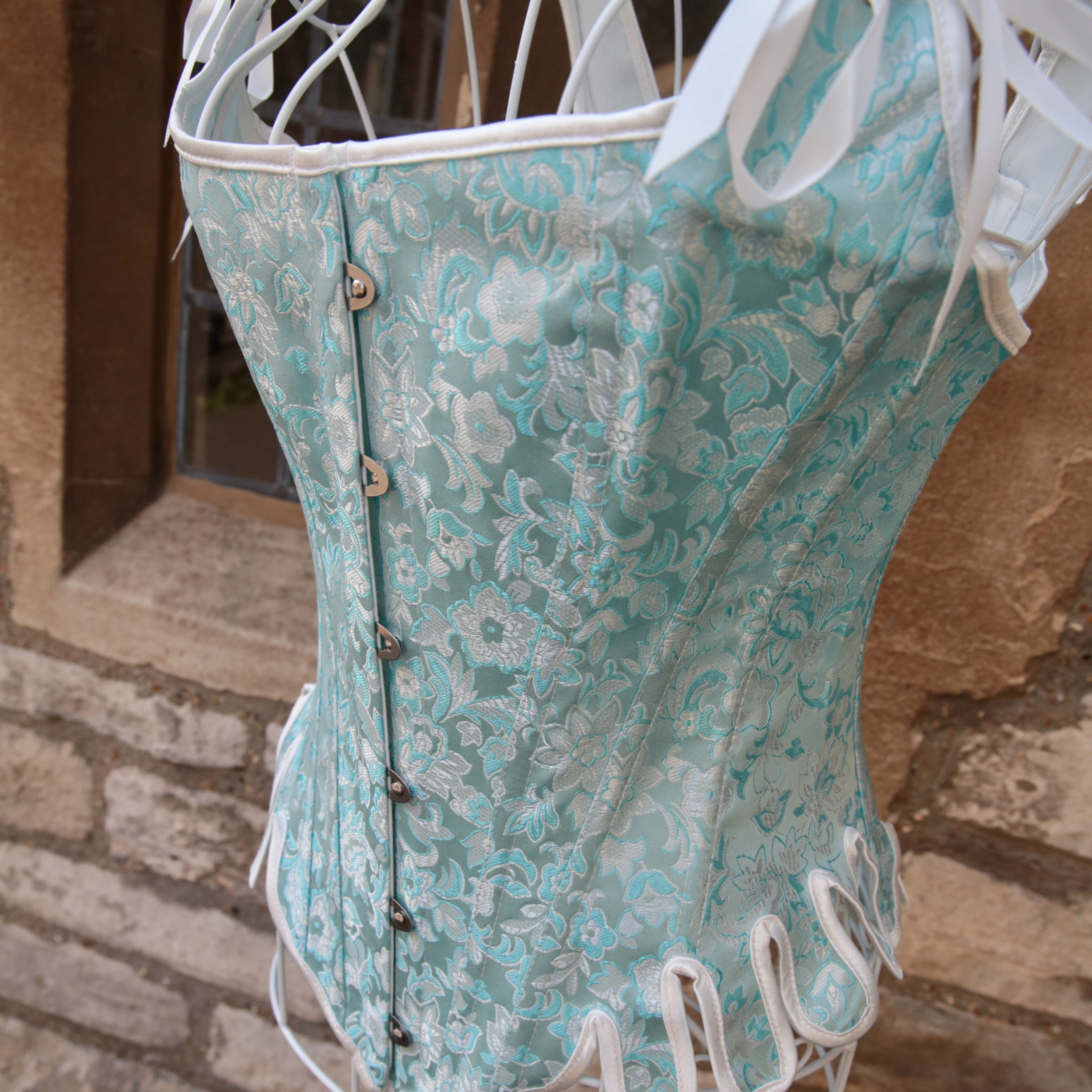 Overbust Corset. Beautiful Powder Blue and White  Square Neck Corset. Lace tie-up back Boned Corset, Renaissance Corset  Fair, Steampunk.