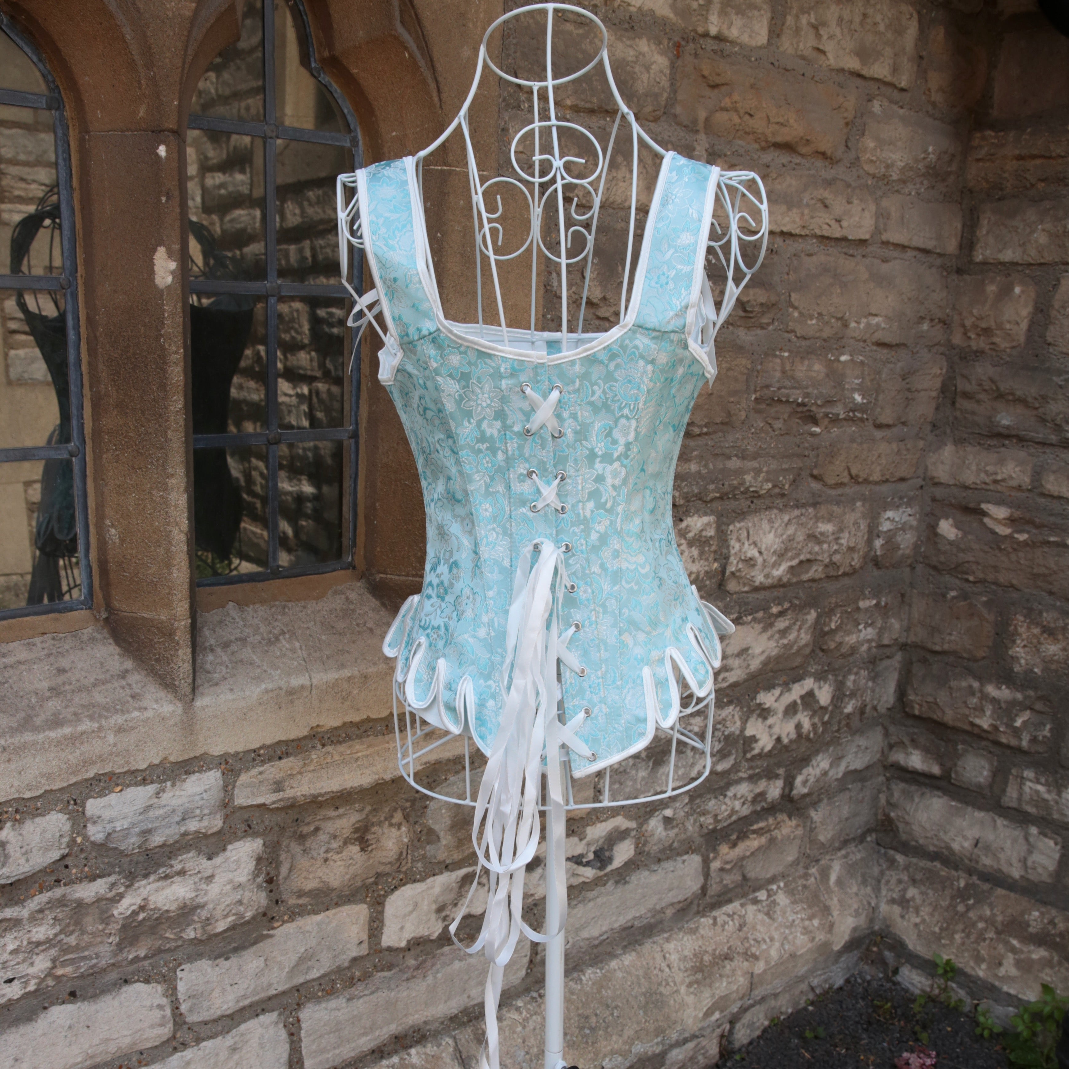 Overbust Corset. Beautiful Powder Blue and White  Square Neck Corset. Lace tie-up back Boned Corset, Renaissance Corset  Fair, Steampunk.