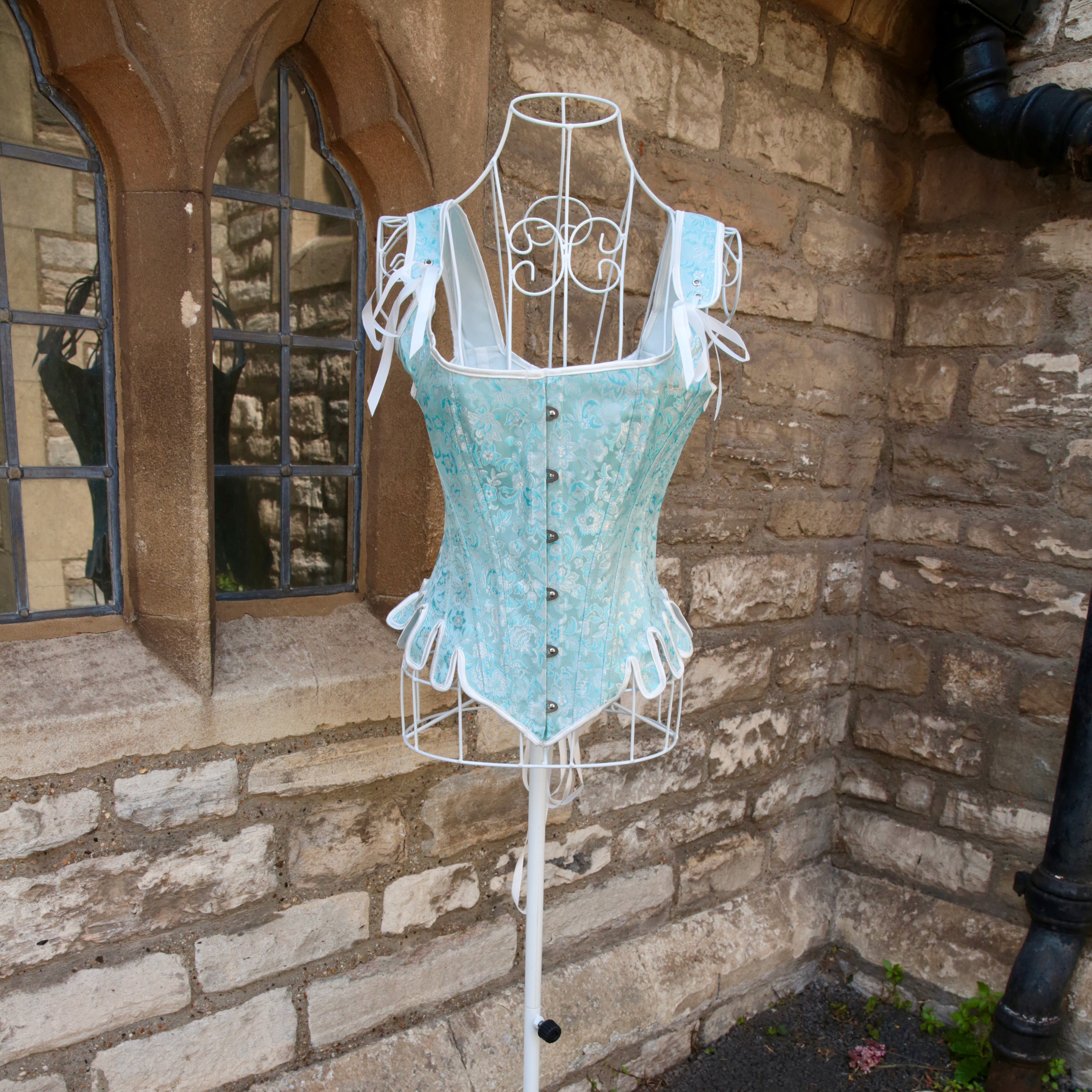 Overbust Corset. Beautiful Powder Blue and White  Square Neck Corset. Lace tie-up back Boned Corset, Renaissance Corset  Fair, Steampunk.