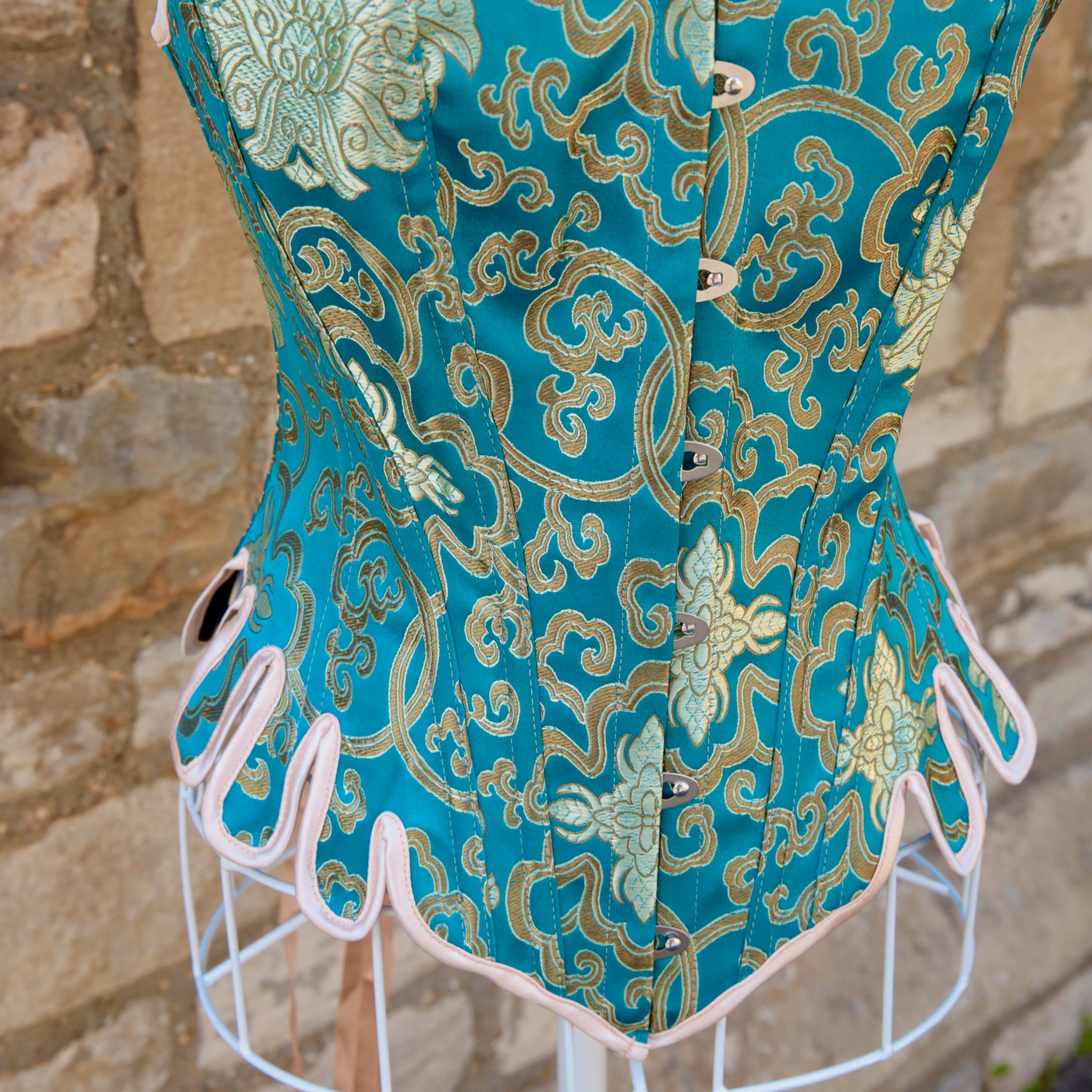 Overbust Corset. Beautiful Turquoise Blue and Gold  Square Neck Corset. Lace tie-up back Boned Corset, Renaissance Corset  Fair, Steampunk.