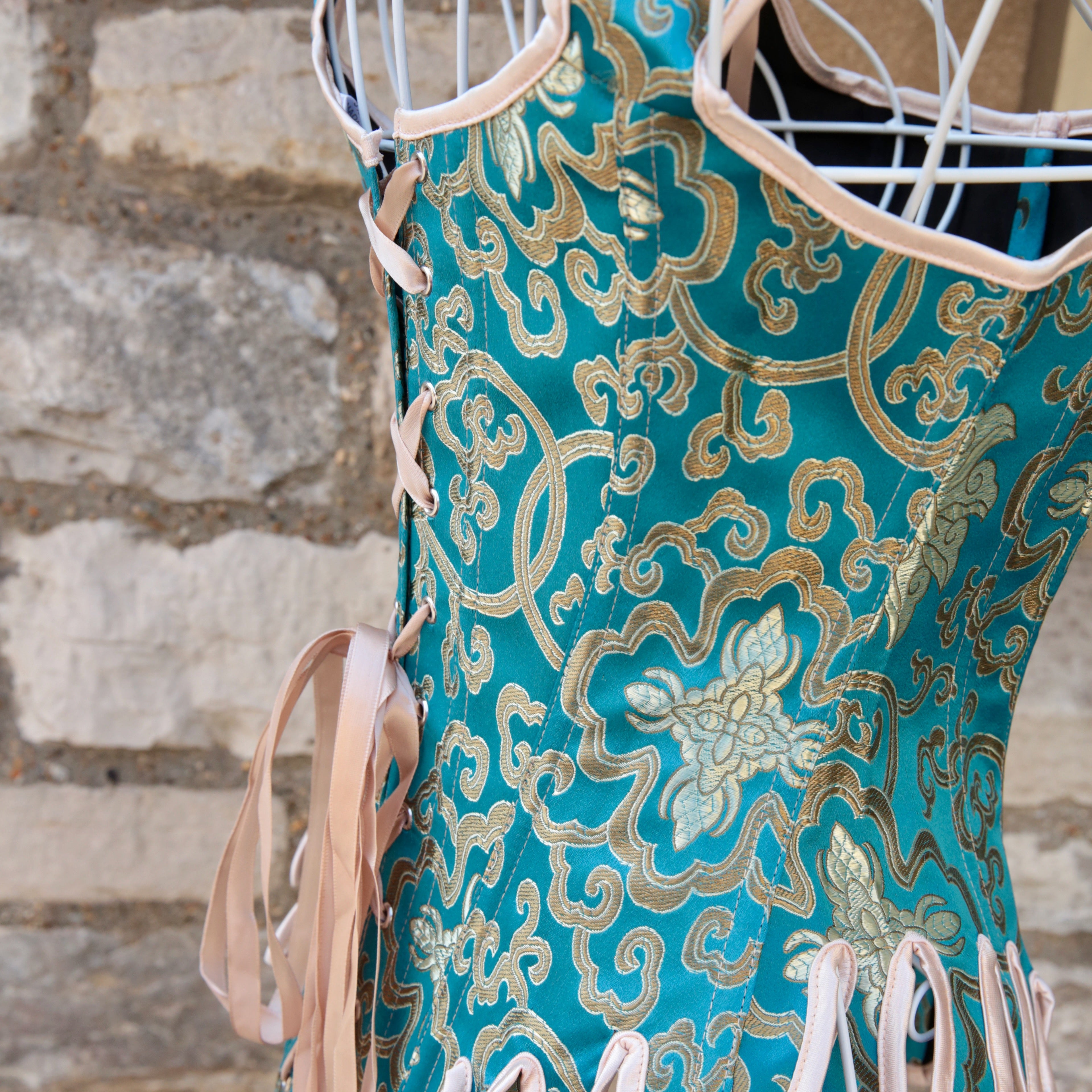 Overbust Corset. Beautiful Turquoise Blue and Gold  Square Neck Corset. Lace tie-up back Boned Corset, Renaissance Corset  Fair, Steampunk.