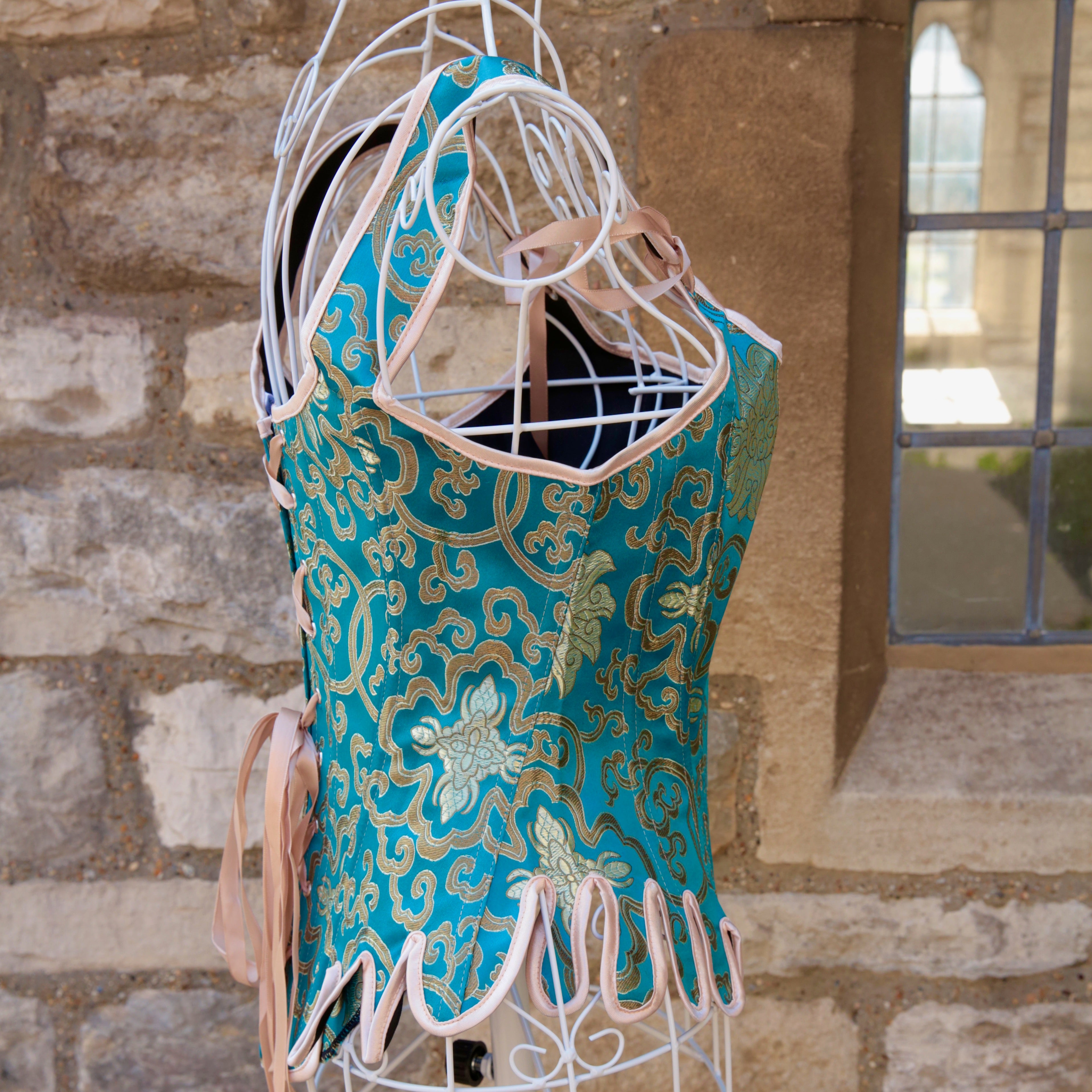 Overbust Corset. Beautiful Turquoise Blue and Gold  Square Neck Corset. Lace tie-up back Boned Corset, Renaissance Corset  Fair, Steampunk.