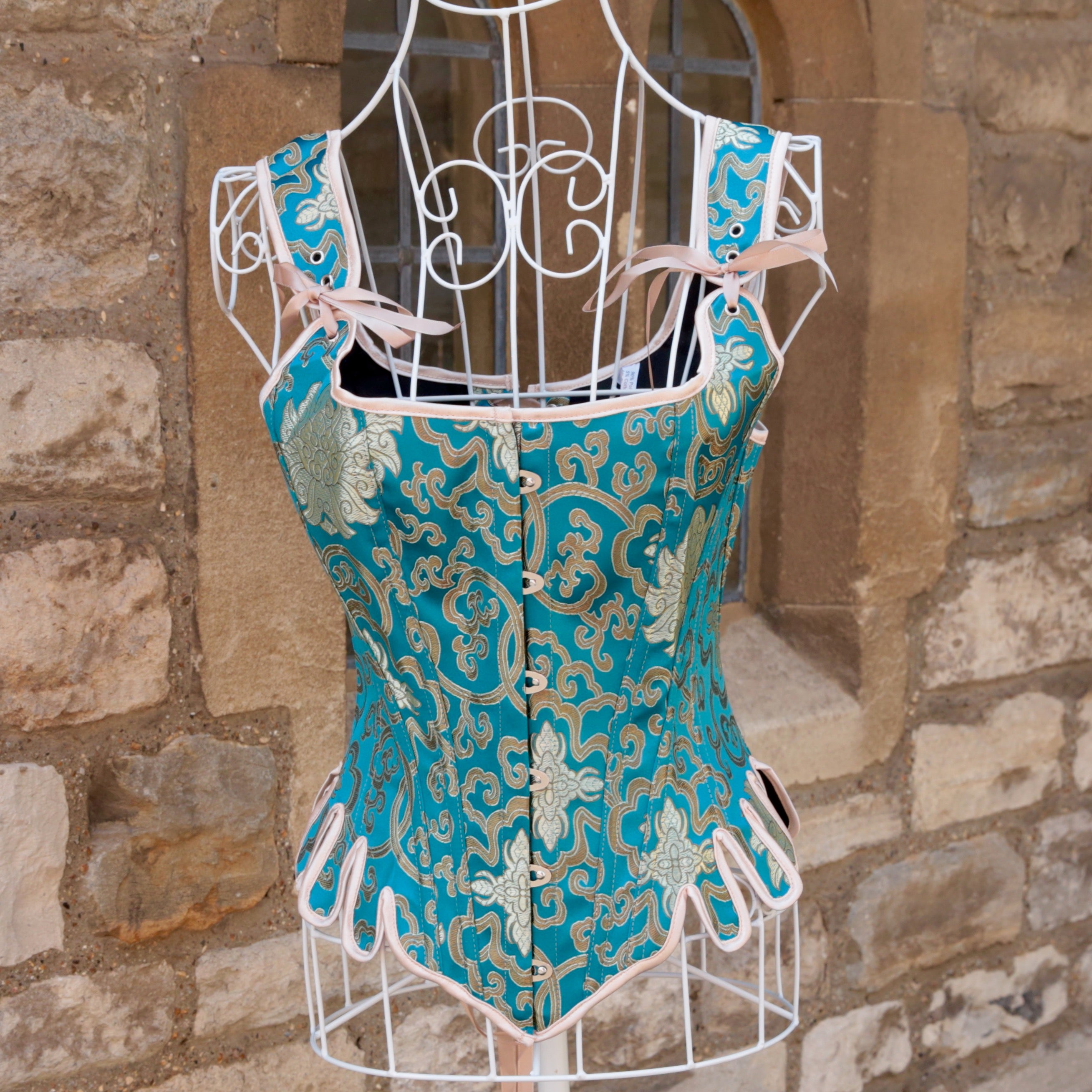 Overbust Corset. Beautiful Turquoise Blue and Gold  Square Neck Corset. Lace tie-up back Boned Corset, Renaissance Corset  Fair, Steampunk.