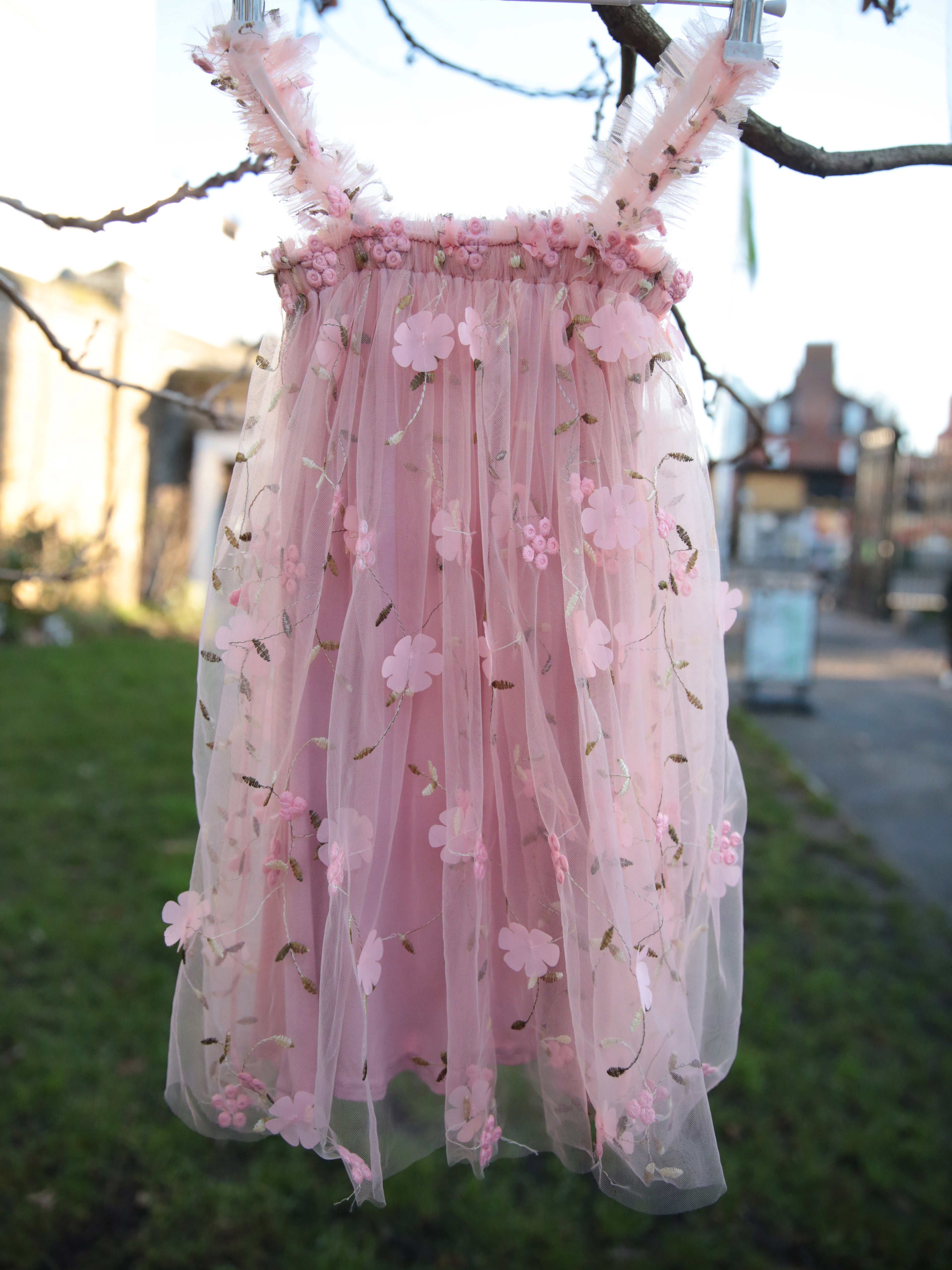 Girls 3D flower embroidered dusky pink dress. Baby Pink Tulle dress for young girls, toddlers and babies.  flower girl dress, party dress.
