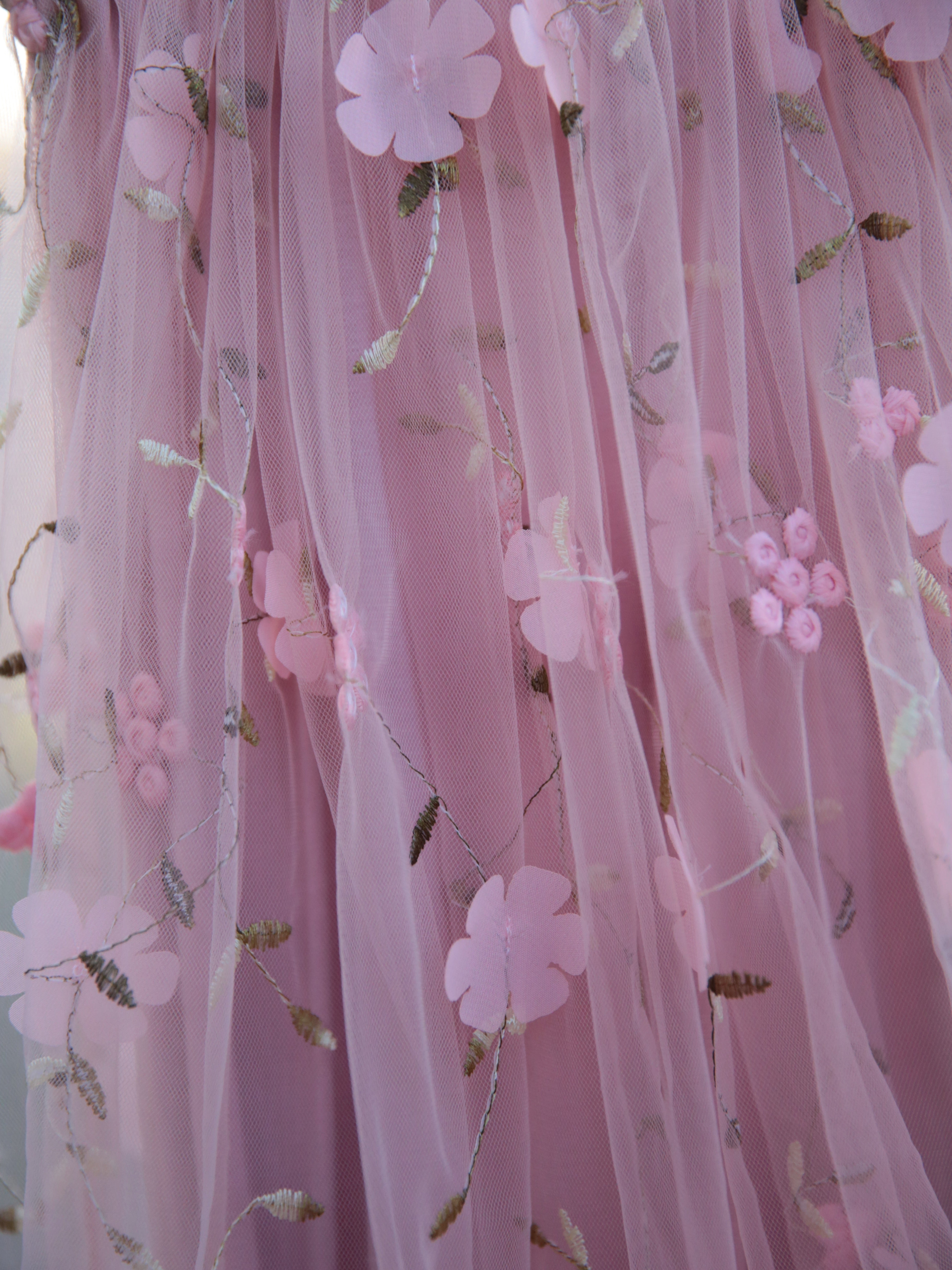 Girls 3D flower embroidered dusky pink dress. Baby Pink Tulle dress for young girls, toddlers and babies.  flower girl dress, party dress.