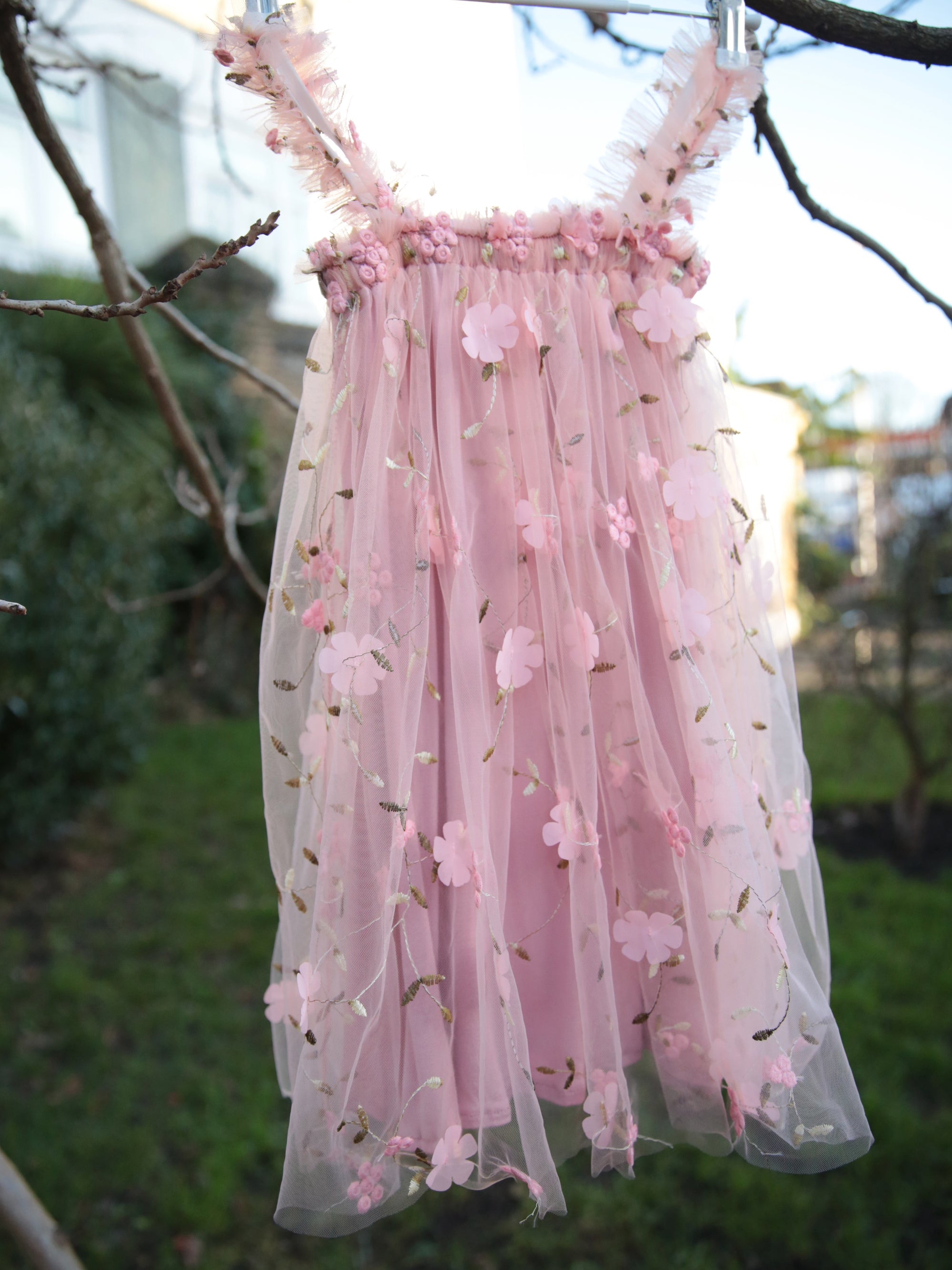 Girls 3D flower embroidered dusky pink dress. Baby Pink Tulle dress for young girls, toddlers and babies.  flower girl dress, party dress.