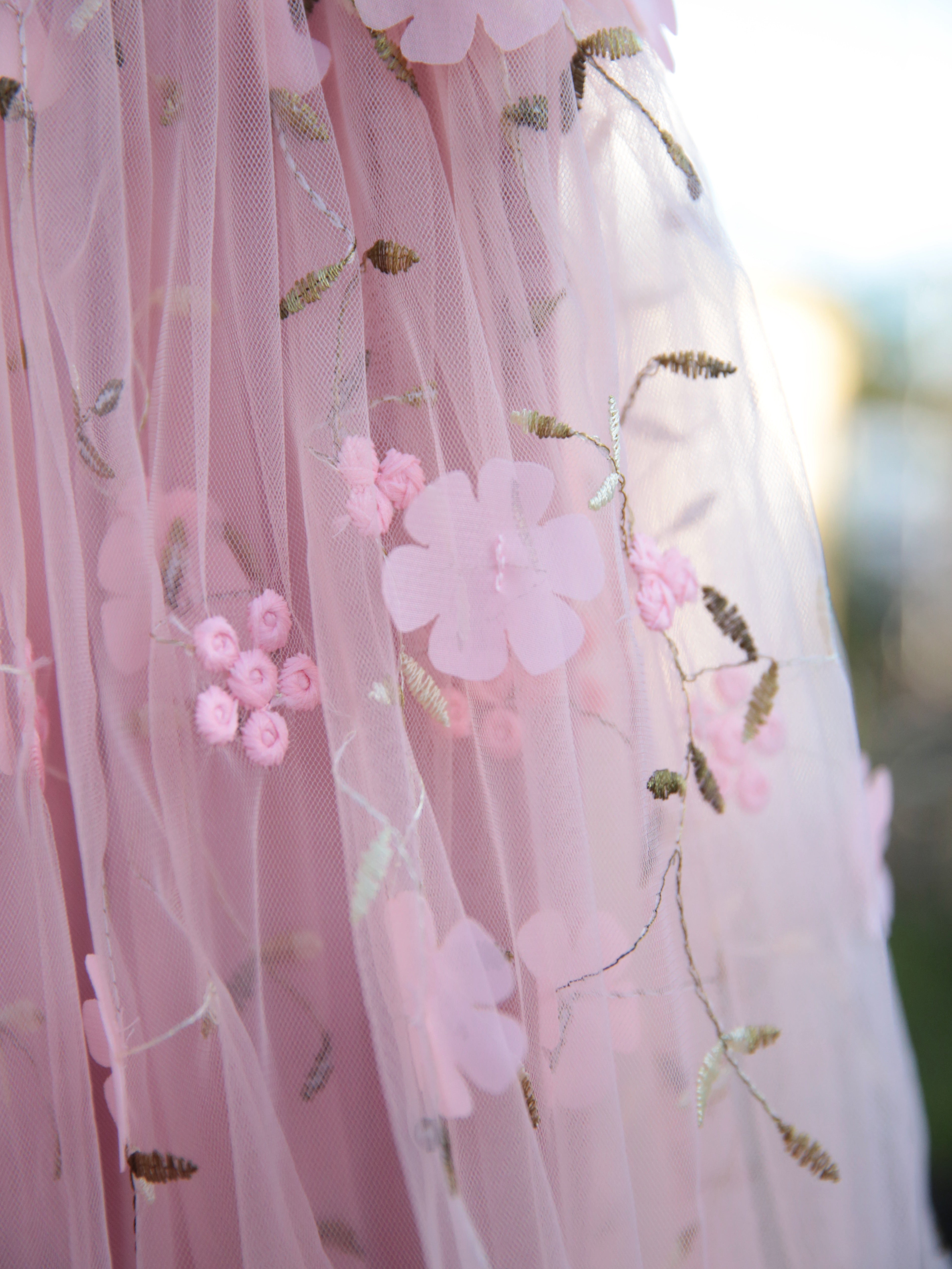 Girls 3D flower embroidered dusky pink dress. Baby Pink Tulle dress for young girls, toddlers and babies.  flower girl dress, party dress.