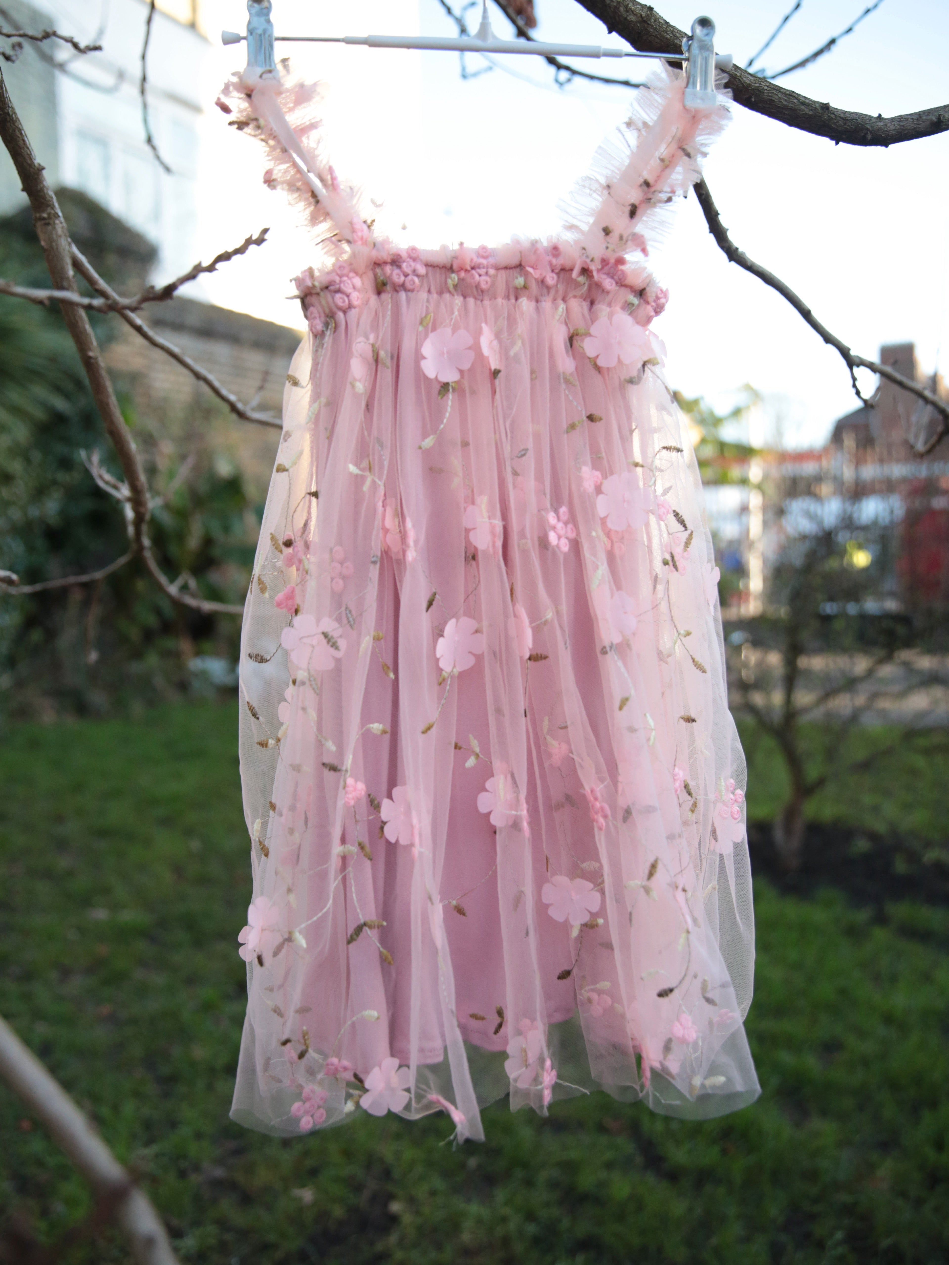 Girls 3D flower embroidered dusky pink dress. Baby Pink Tulle dress for young girls, toddlers and babies.  flower girl dress, party dress.