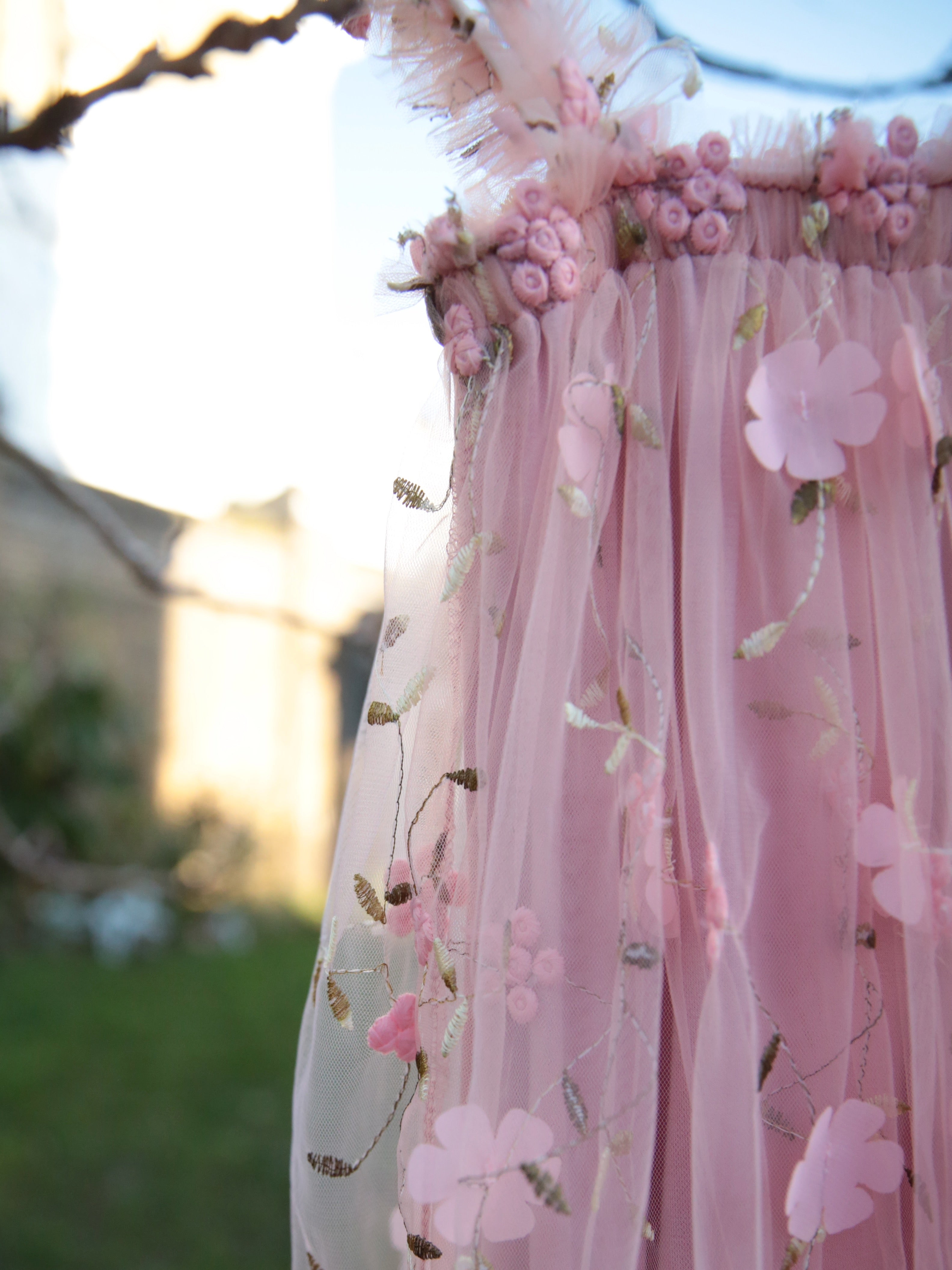 Girls 3D flower embroidered dusky pink dress. Baby Pink Tulle dress for young girls, toddlers and babies.  flower girl dress, party dress.