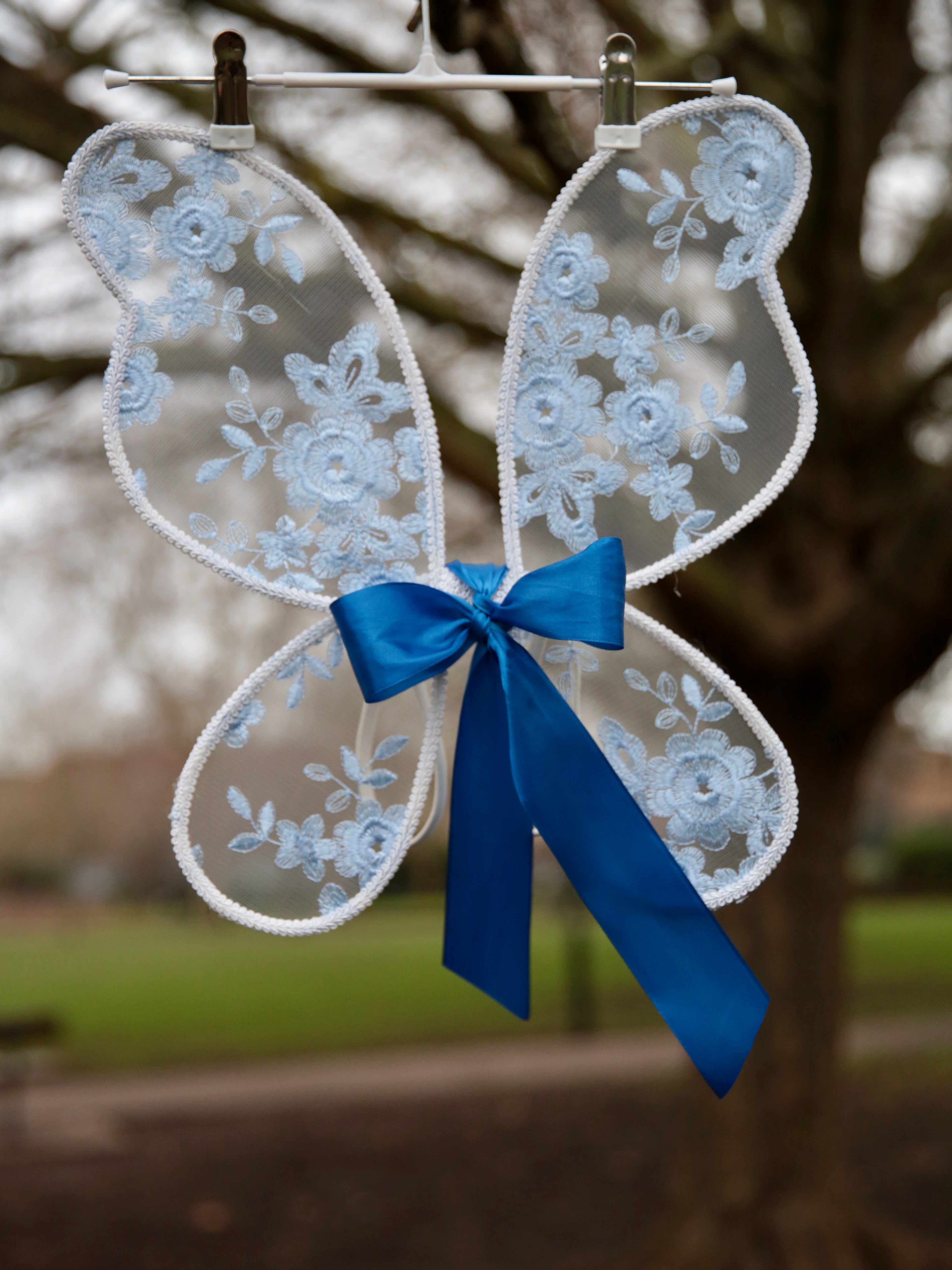 Blue Fairy Wings. Handcrafted Baby Blue embroidered butterfly wings for children with an optional free satin bow. Flower girls, fairy party