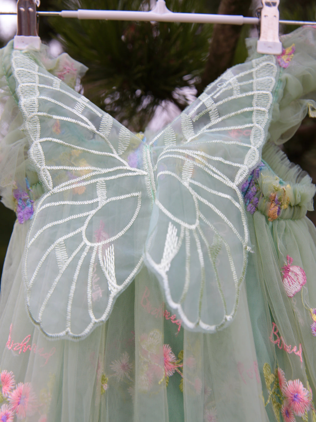 Girls Embroidered Tulle Light Sage Green Dress with wings. Beautiful Green Tulle Dress. Bridesmaid dress, flower girl dress, party dress.