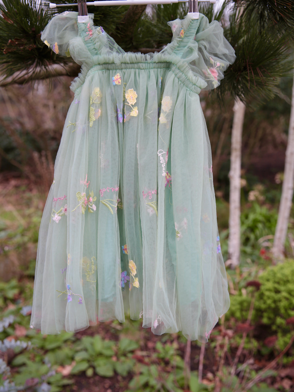Girls Embroidered Tulle Light Sage Green Dress with wings. Beautiful Green Tulle Dress. Bridesmaid dress, flower girl dress, party dress.
