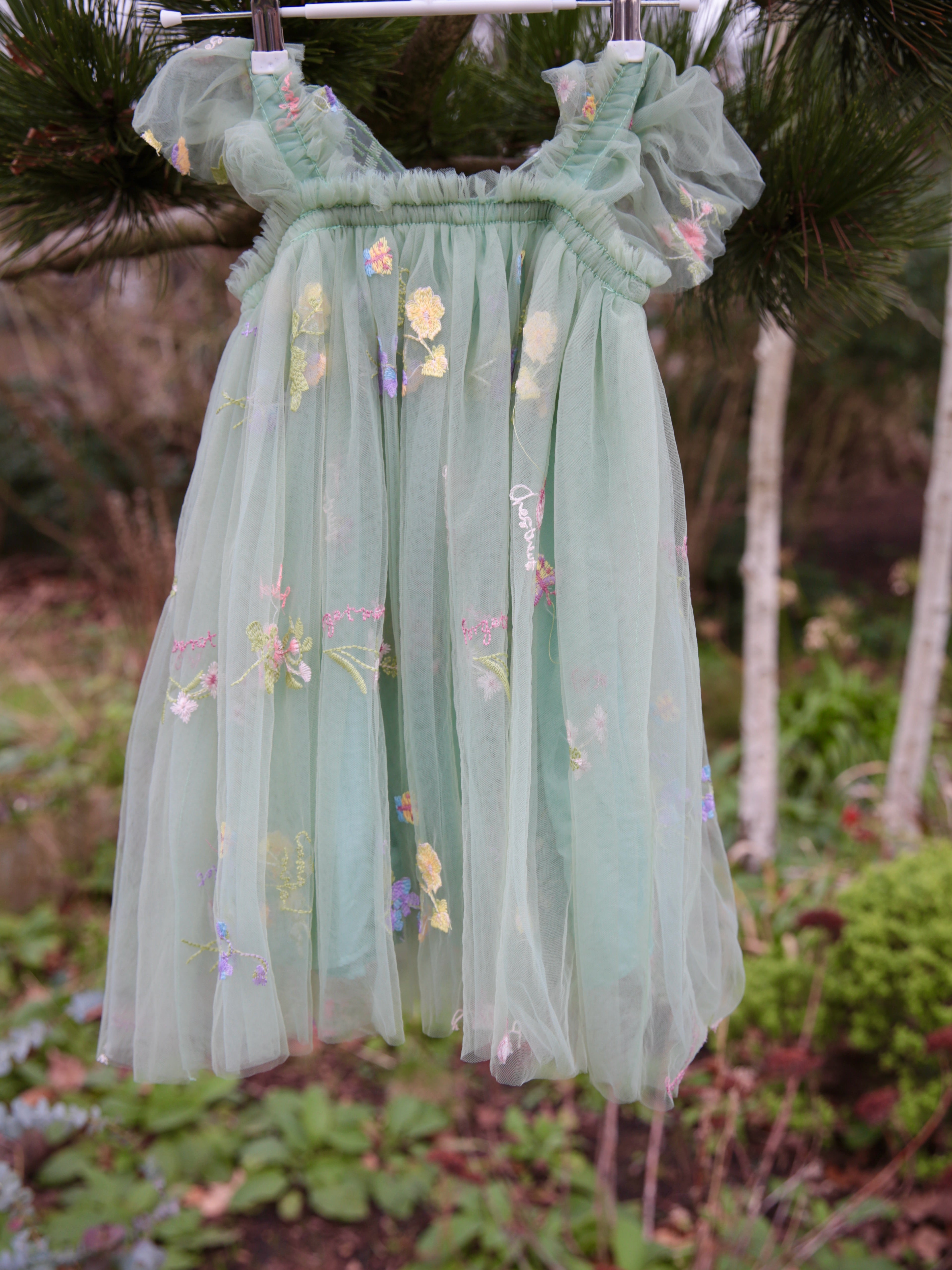 Girls Embroidered Tulle Light Sage Green Dress with wings. Beautiful Green Tulle Dress. Bridesmaid dress, flower girl dress, party dress.
