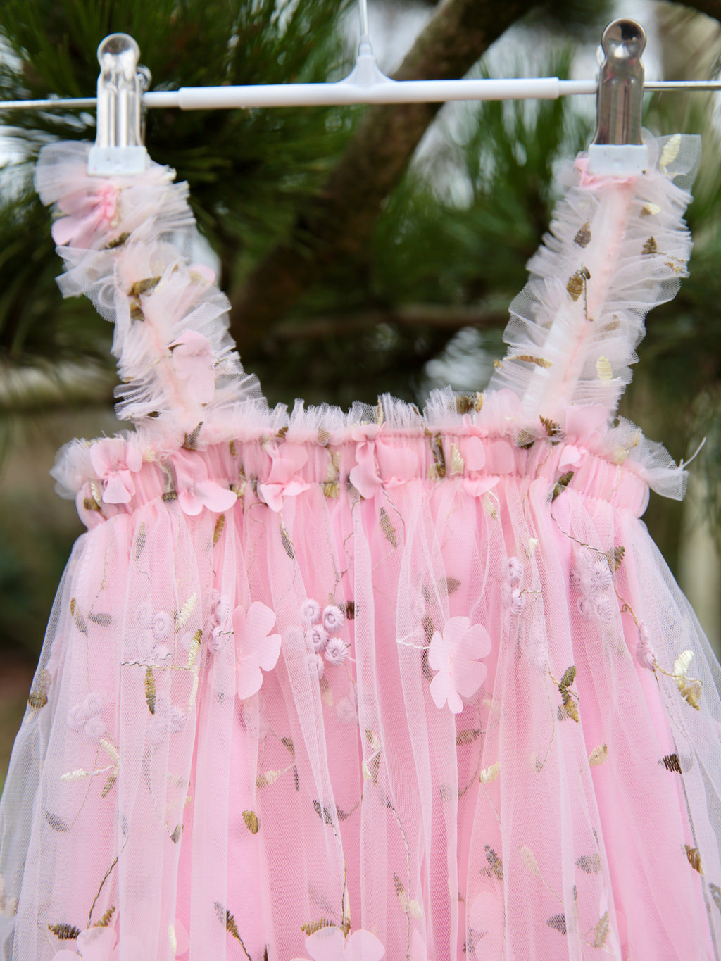Girls Pink flower embroidered dress. Pink Tulle embroidered tulle dress for babies and young girls. 3D flower detail. Flower Girl dress