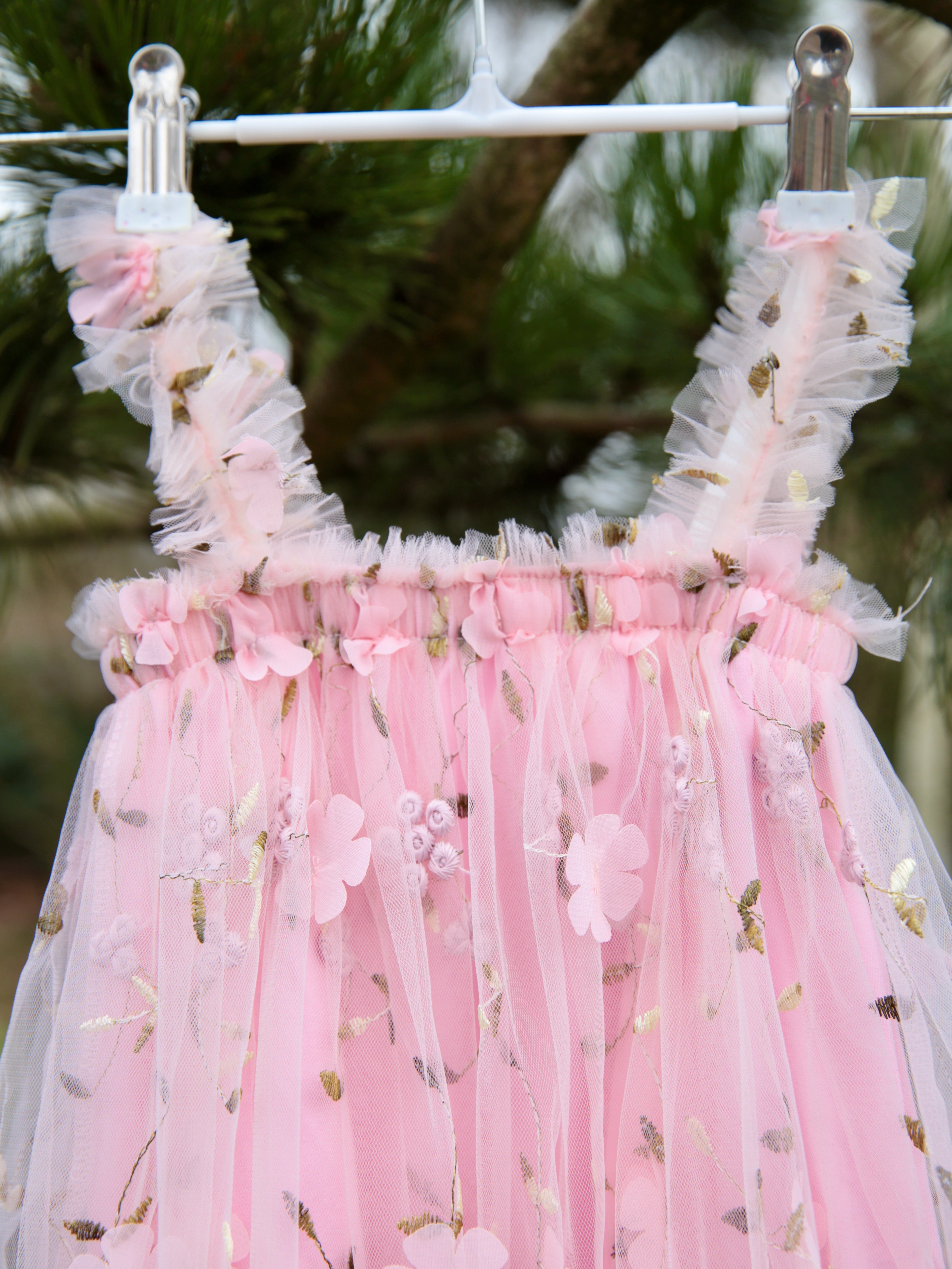 Girls Pink flower embroidered dress. Pink Tulle embroidered tulle dress for babies and young girls. 3D flower detail. Flower Girl dress