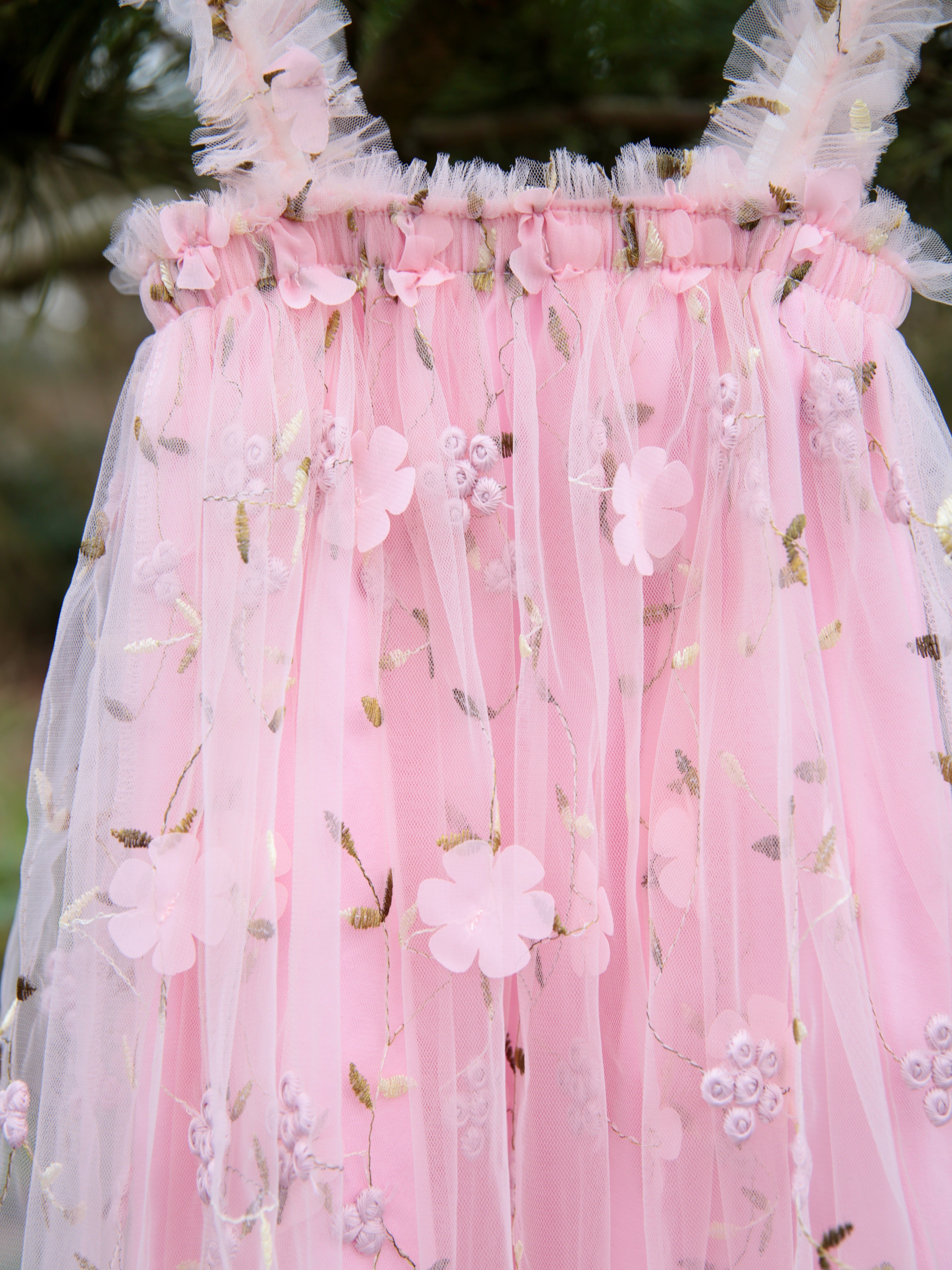 Girls Pink flower embroidered dress. Pink Tulle embroidered tulle dress for babies and young girls. 3D flower detail. Flower Girl dress