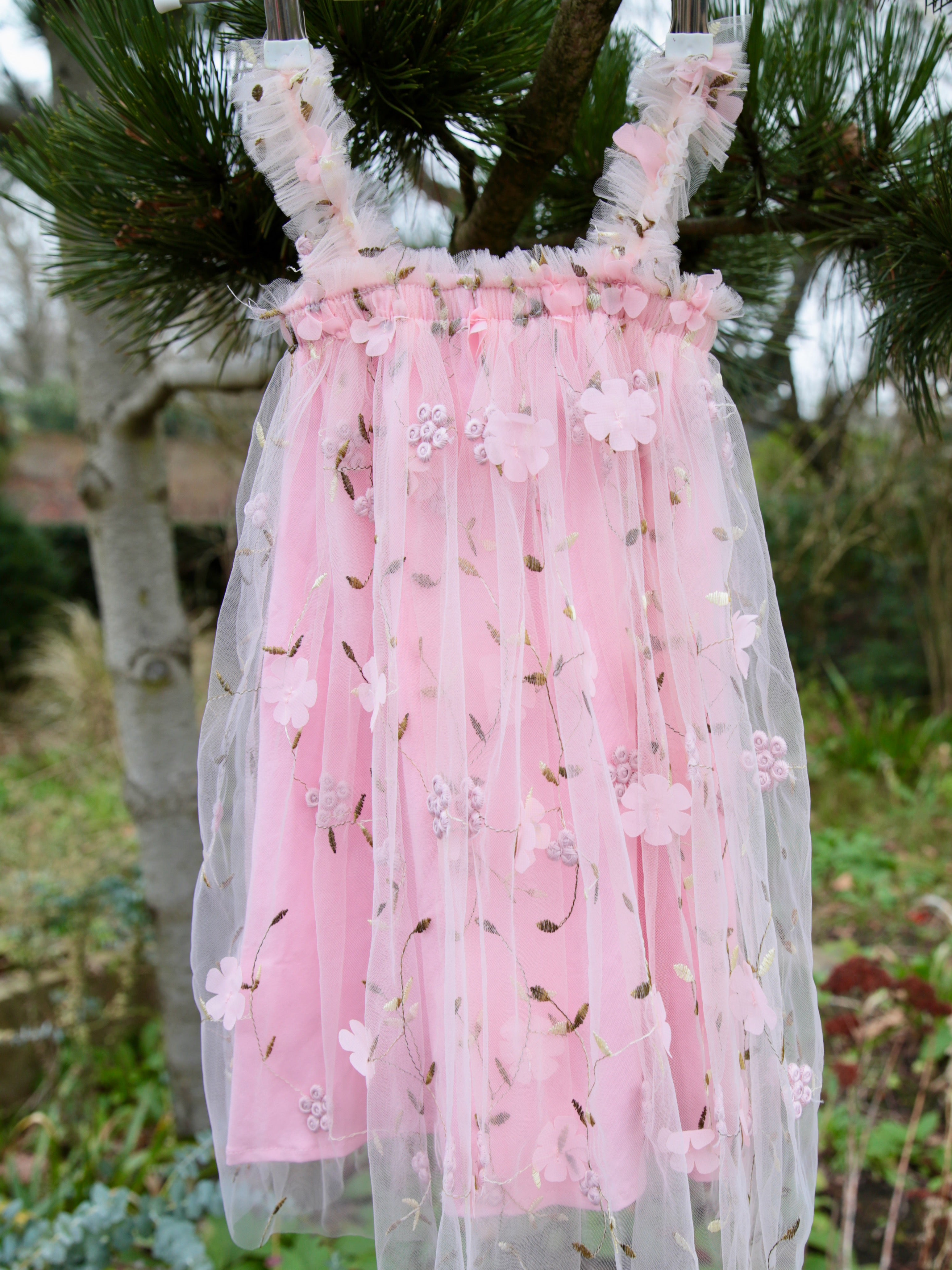Girls Pink flower embroidered dress. Pink Tulle embroidered tulle dress for babies and young girls. 3D flower detail. Flower Girl dress