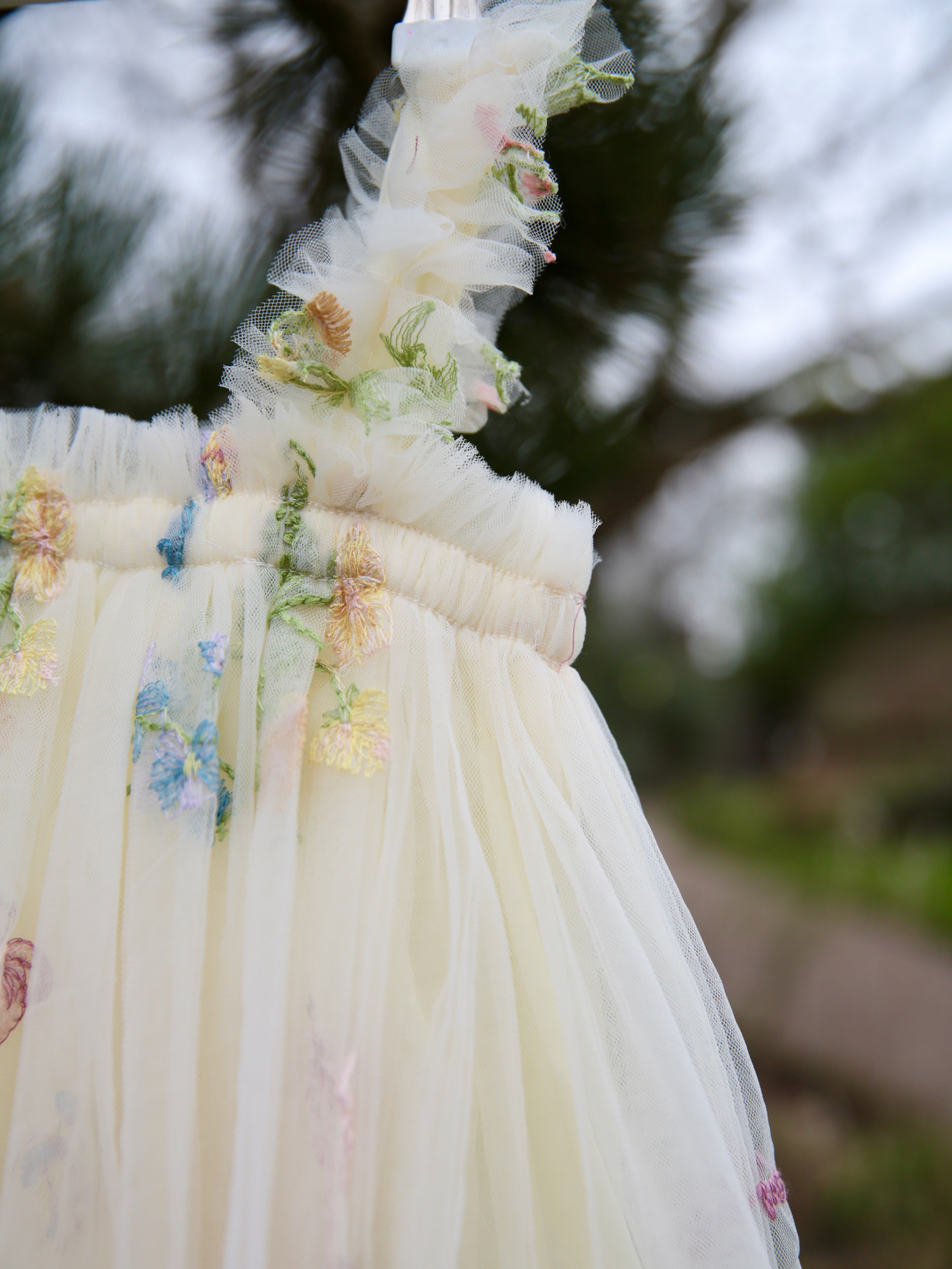 Little girls dress. Lemon yellow girls party dress, tulle embroidered with flowers. Flower dress. Flower girl, cake smash, birthday dress.
