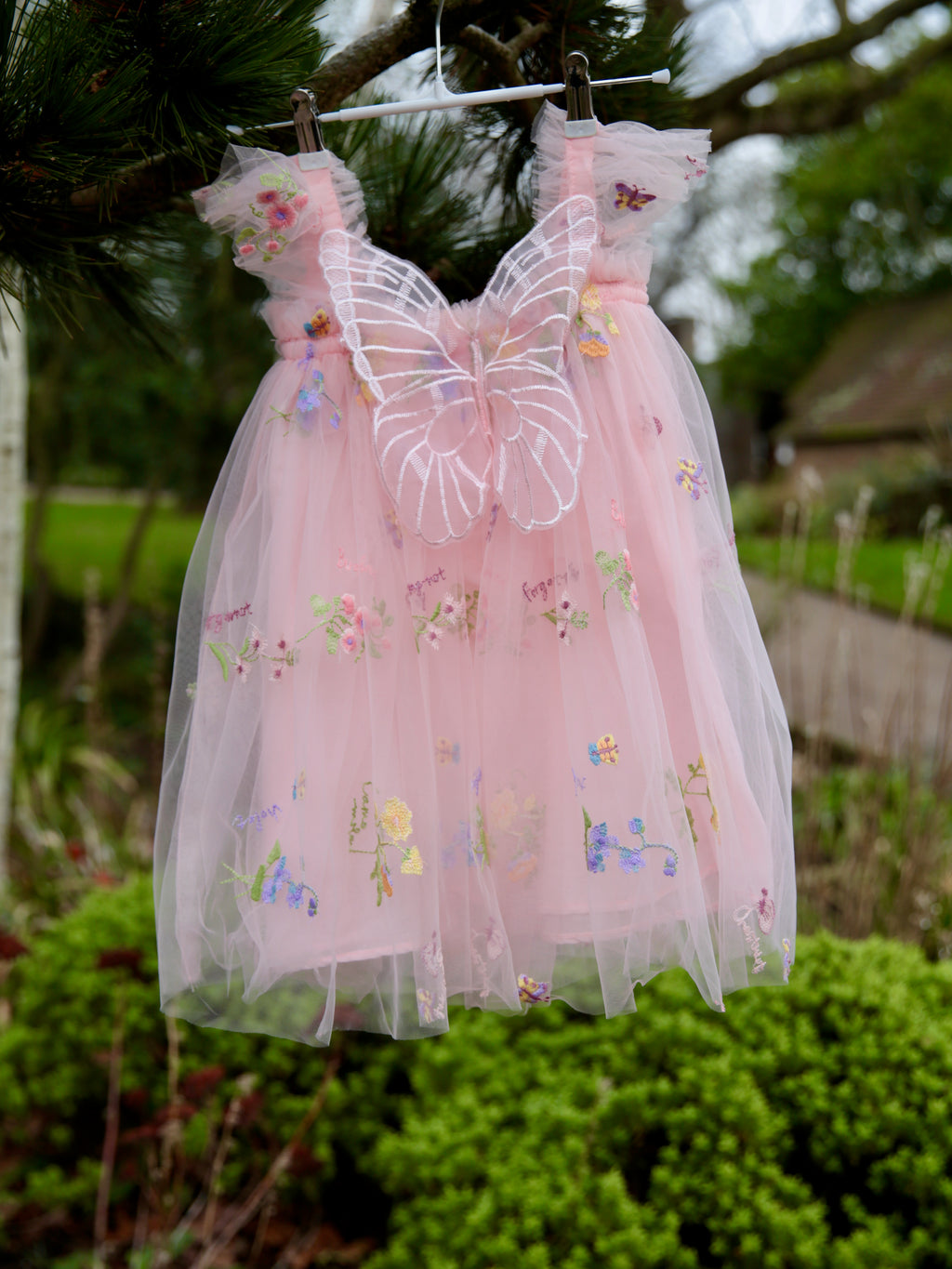 Fairy wings dress. Beautiful pink tulle dress with butterfly wings, party dress, bridesmaid dress, flower girl dress. Cake smash outfit