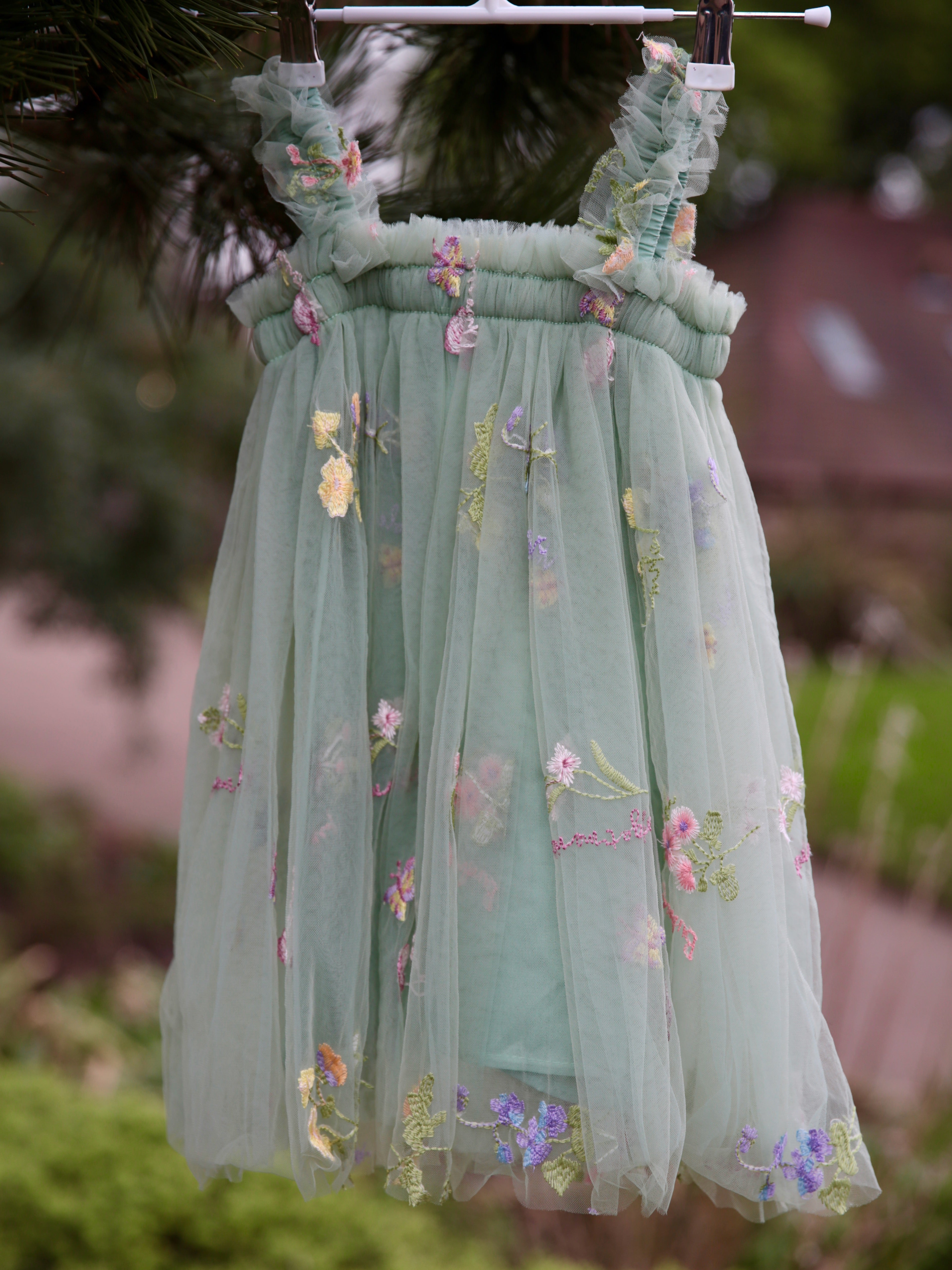 Girls sage green embroidered dress with extra soft lining.