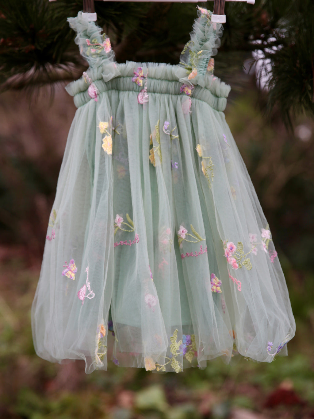 Girls sage green embroidered dress with extra soft lining.