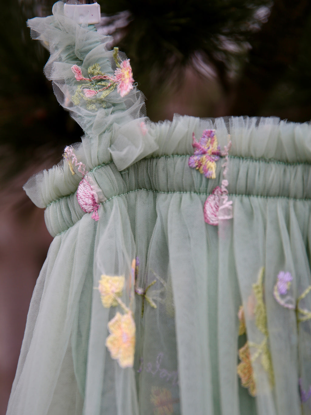 Girls sage green embroidered dress with extra soft lining.