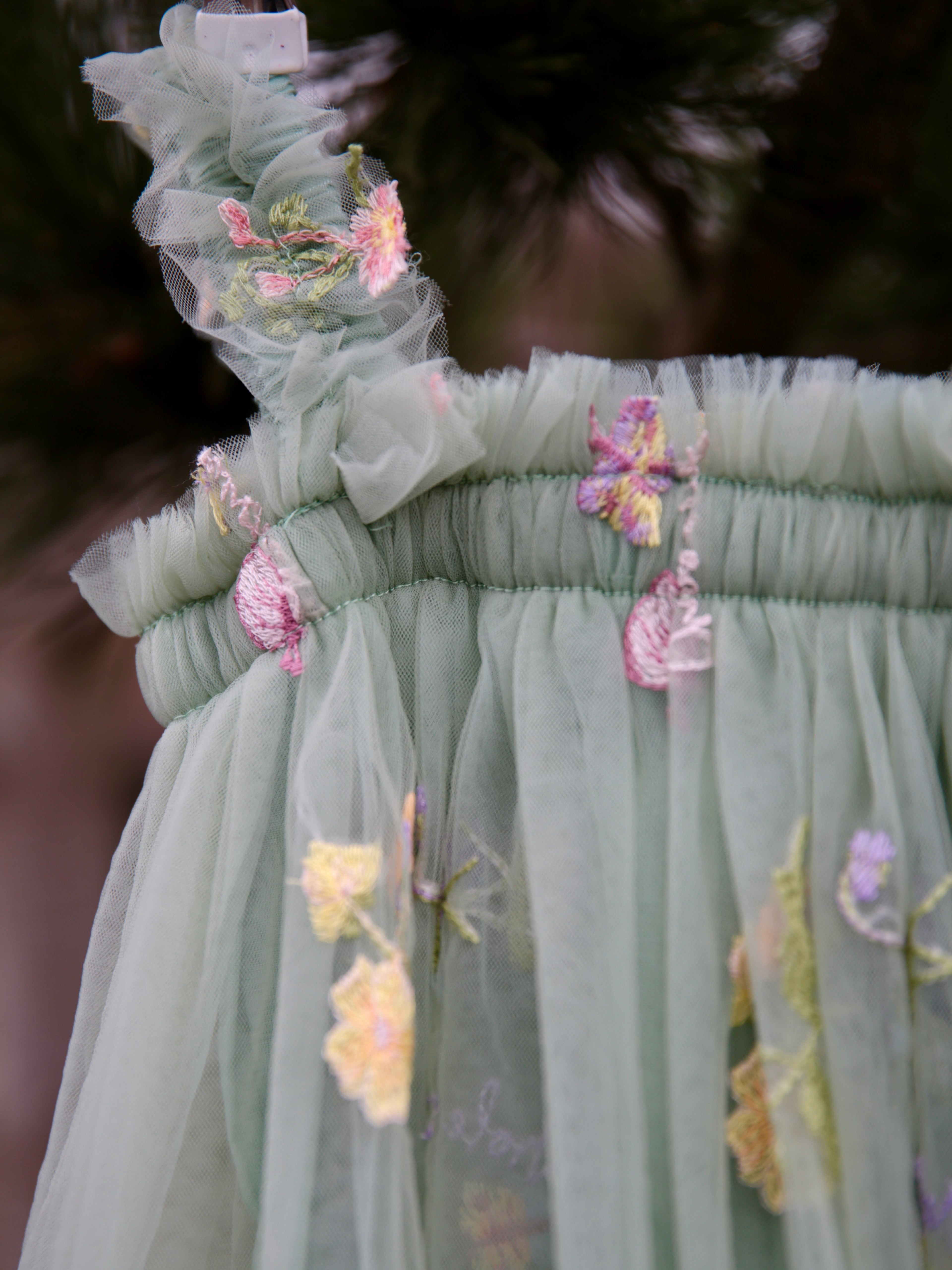 Girls sage green embroidered dress with extra soft lining.