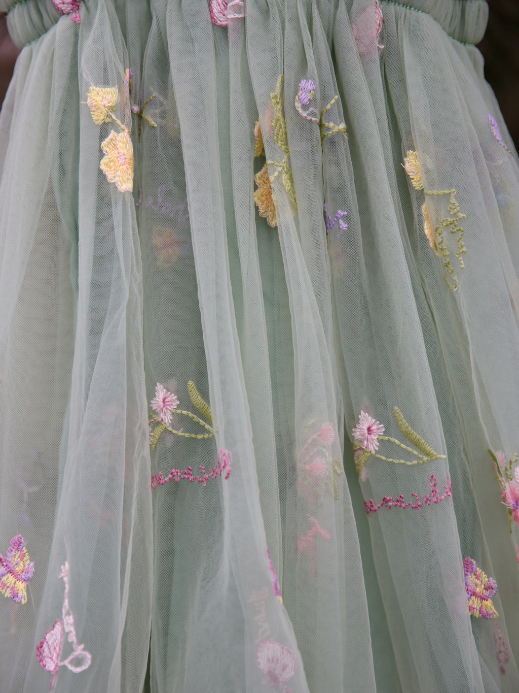 Girls sage green embroidered dress with extra soft lining.