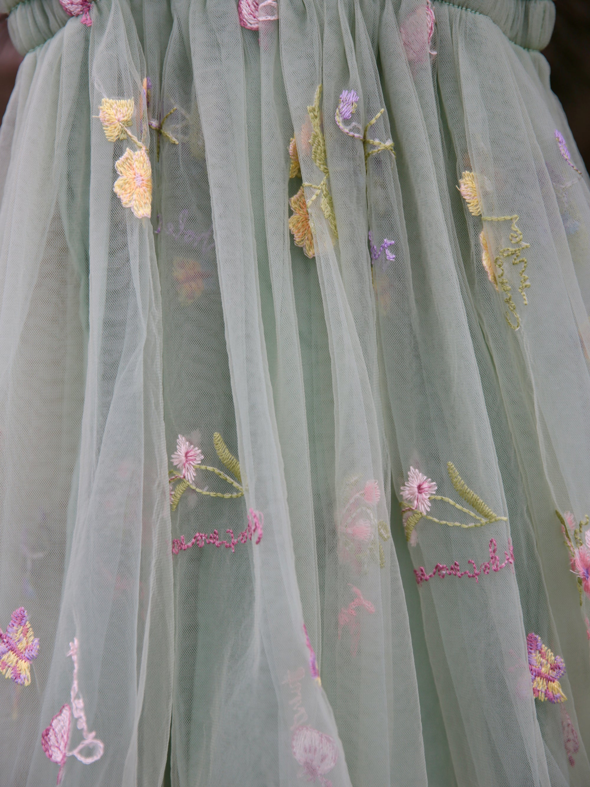 Girls sage green embroidered dress with extra soft lining.