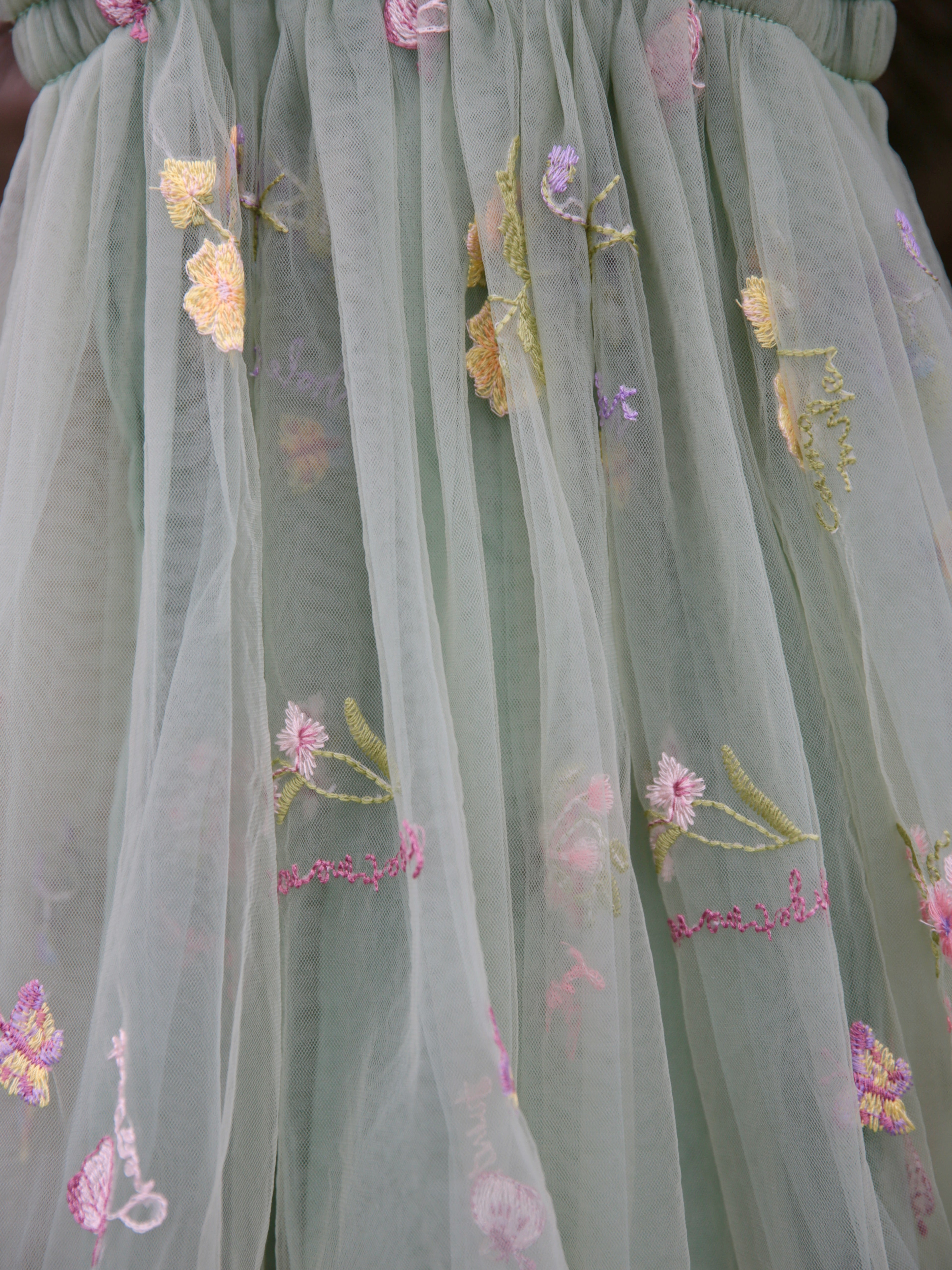 Girls sage green embroidered dress with extra soft lining.