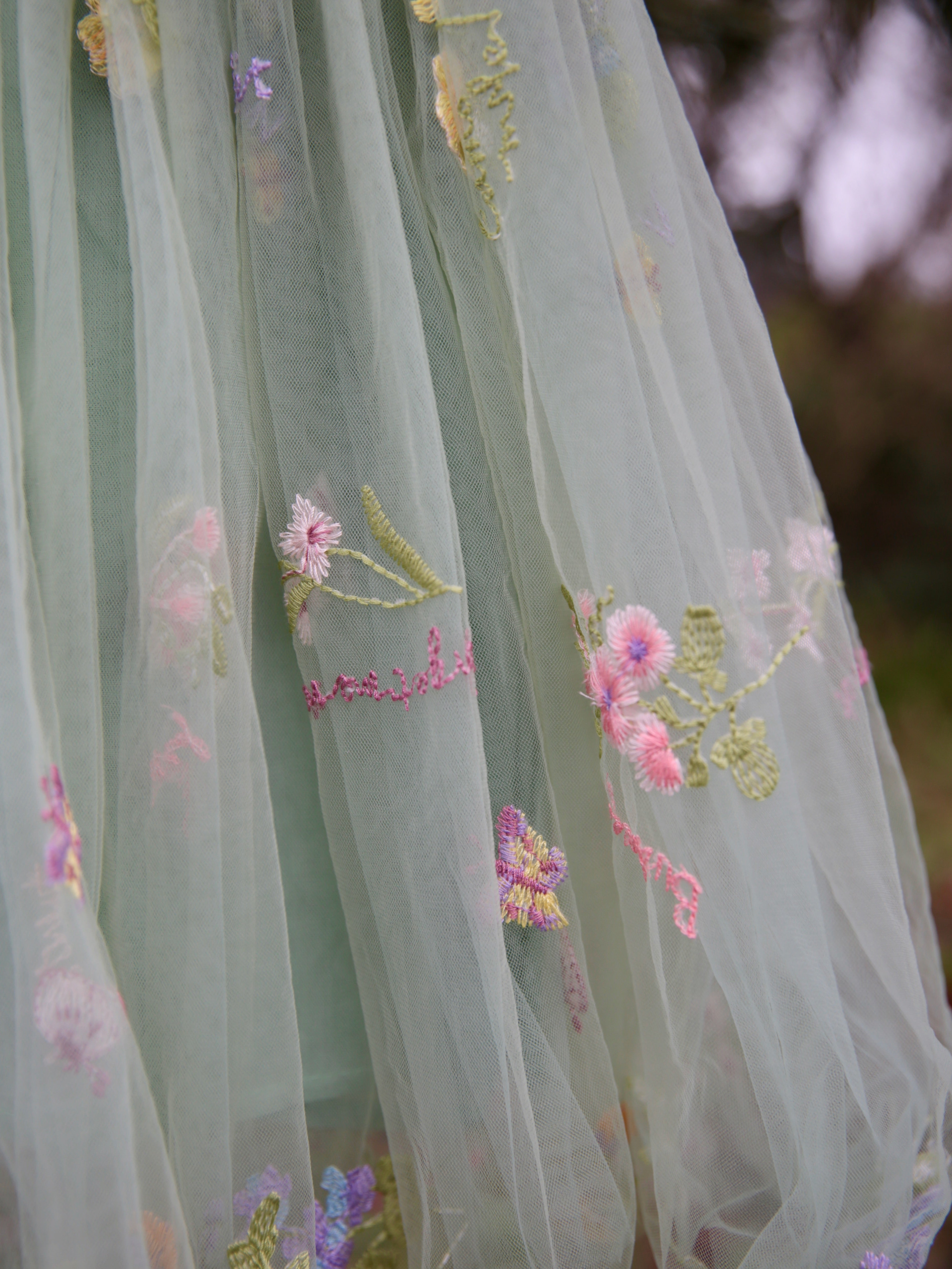 Girls sage green embroidered dress with extra soft lining.