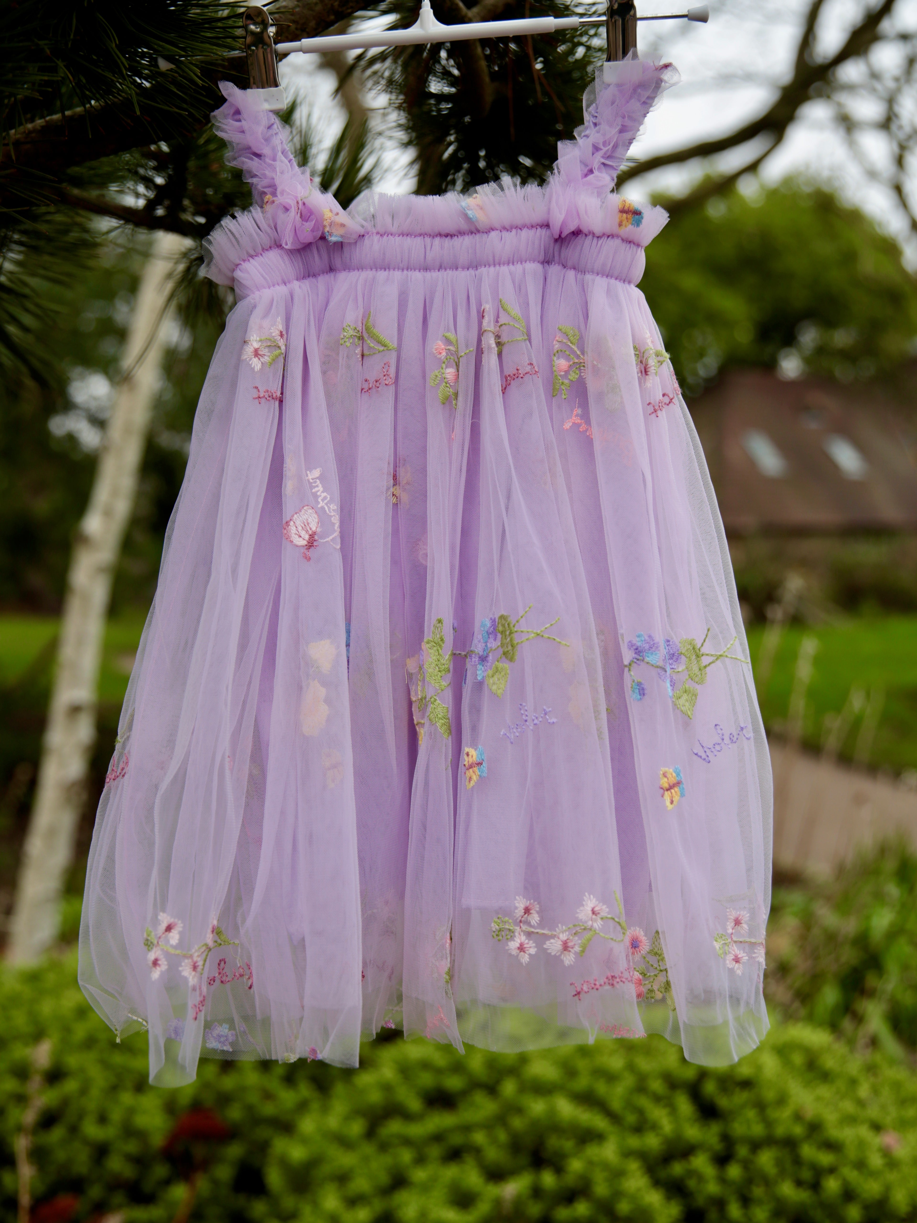 Girls Purple Flower Embroidered Dress and wings. Pretty Purple Tulle Dress with optional Embroidered Wings for Girls, toddlers and babies. Wild Daisy