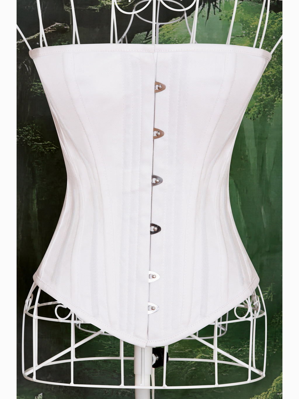 Women's white heavy duty over bust corset. Wasp waist trainer, 2 inches less. Double steel boned twill cotton heavy duty corset.