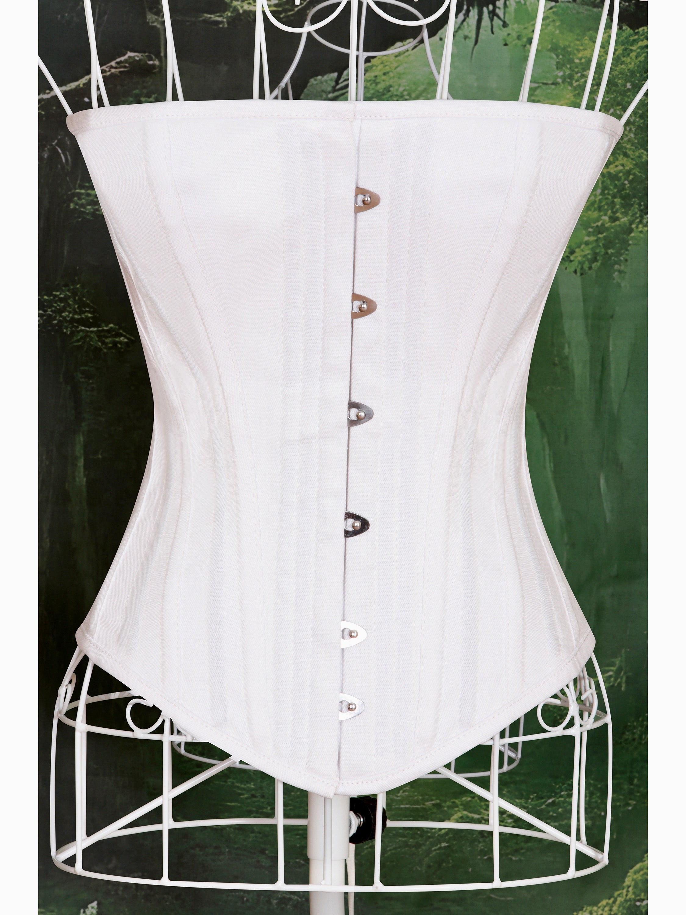 Women's white heavy duty over bust corset. Wasp waist trainer, 2 inches less. Double steel boned twill cotton heavy duty corset.