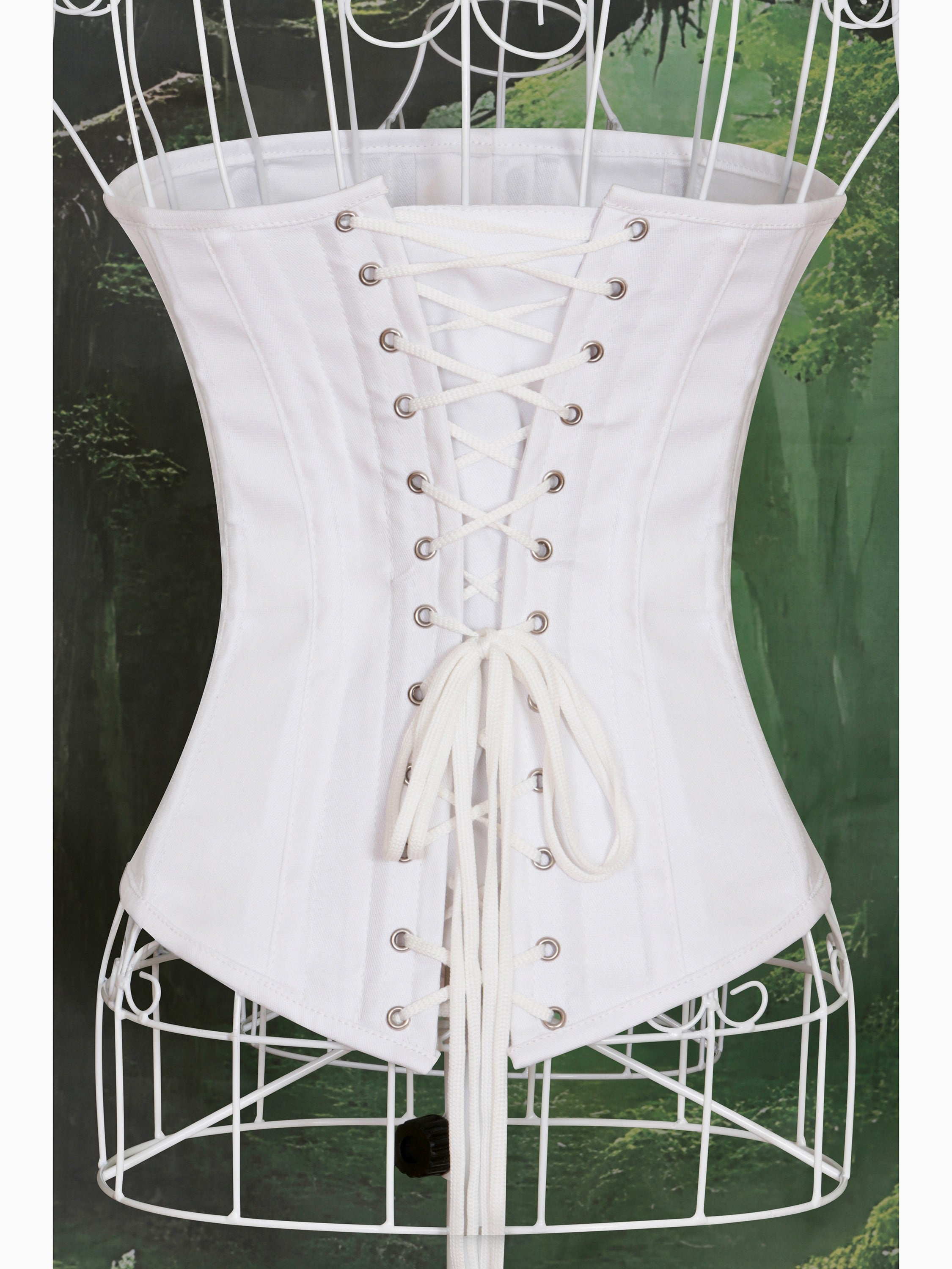 Women's white heavy duty over bust corset. Wasp waist trainer, 2 inches less. Double steel boned twill cotton heavy duty corset.