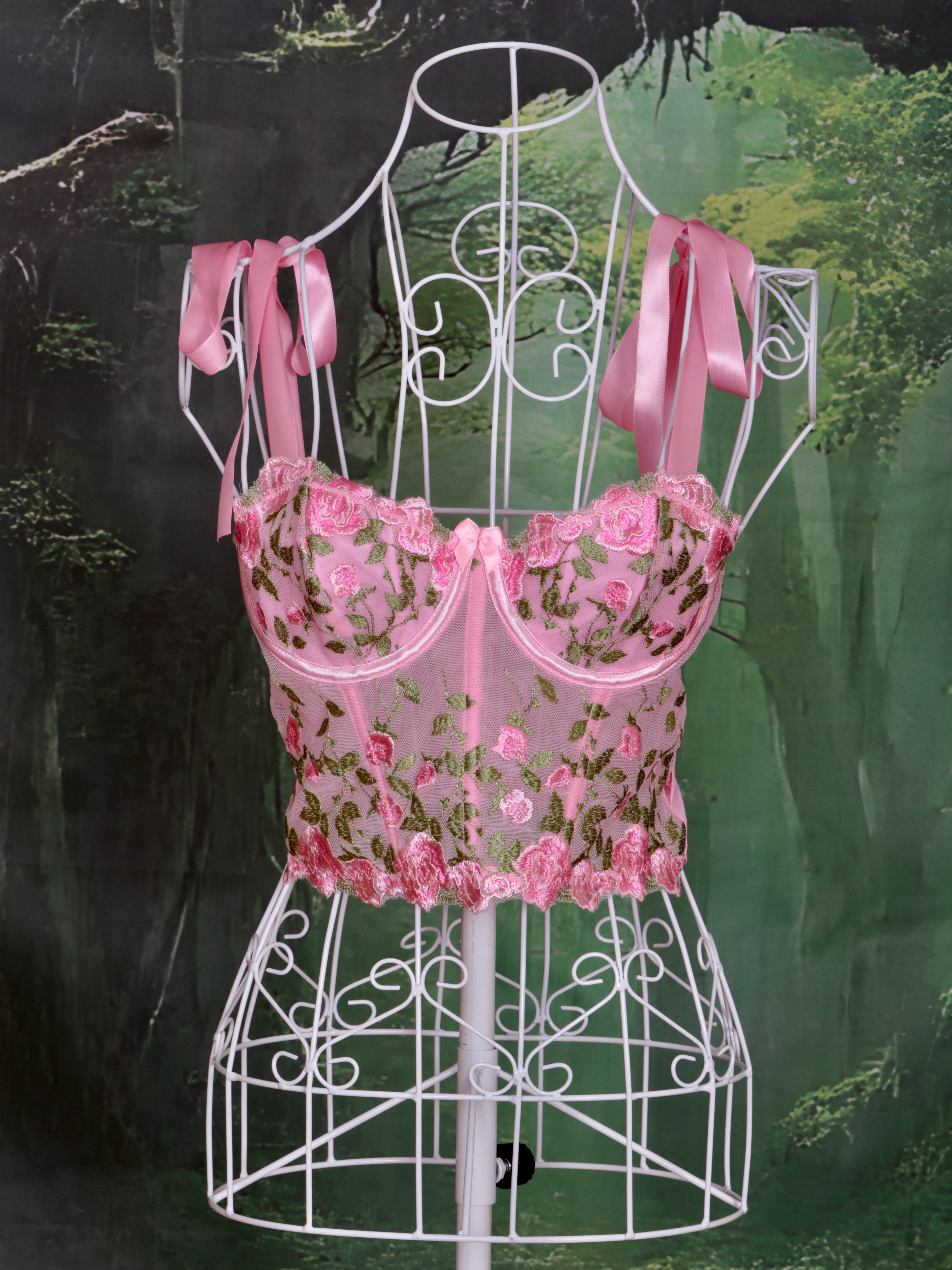 Floral Pink Corset with Sweet Pink Bows - Handmade in Pastel Pink