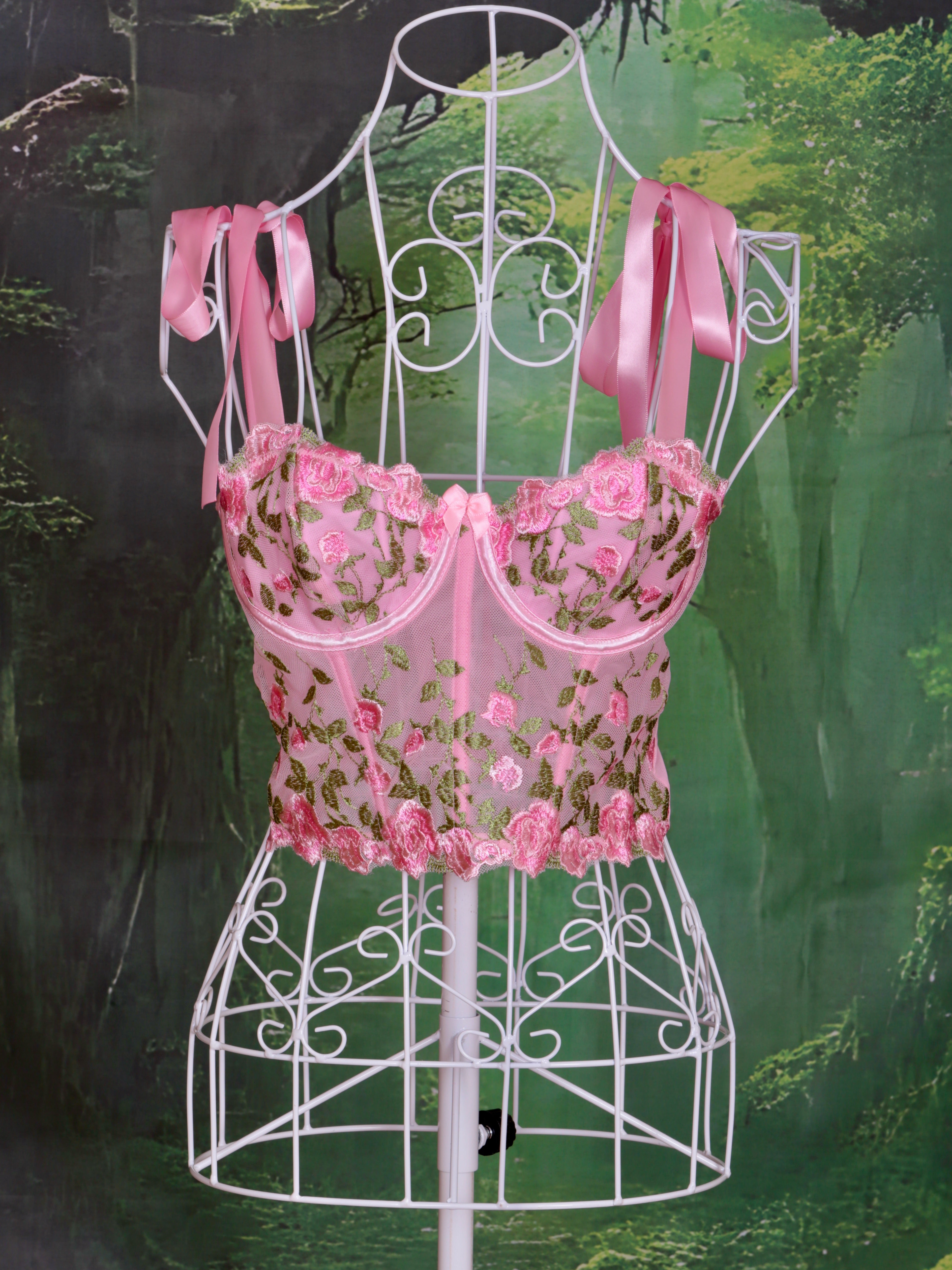 Floral Pink Corset with Sweet Pink Bows - Handmade in Pastel Pink
