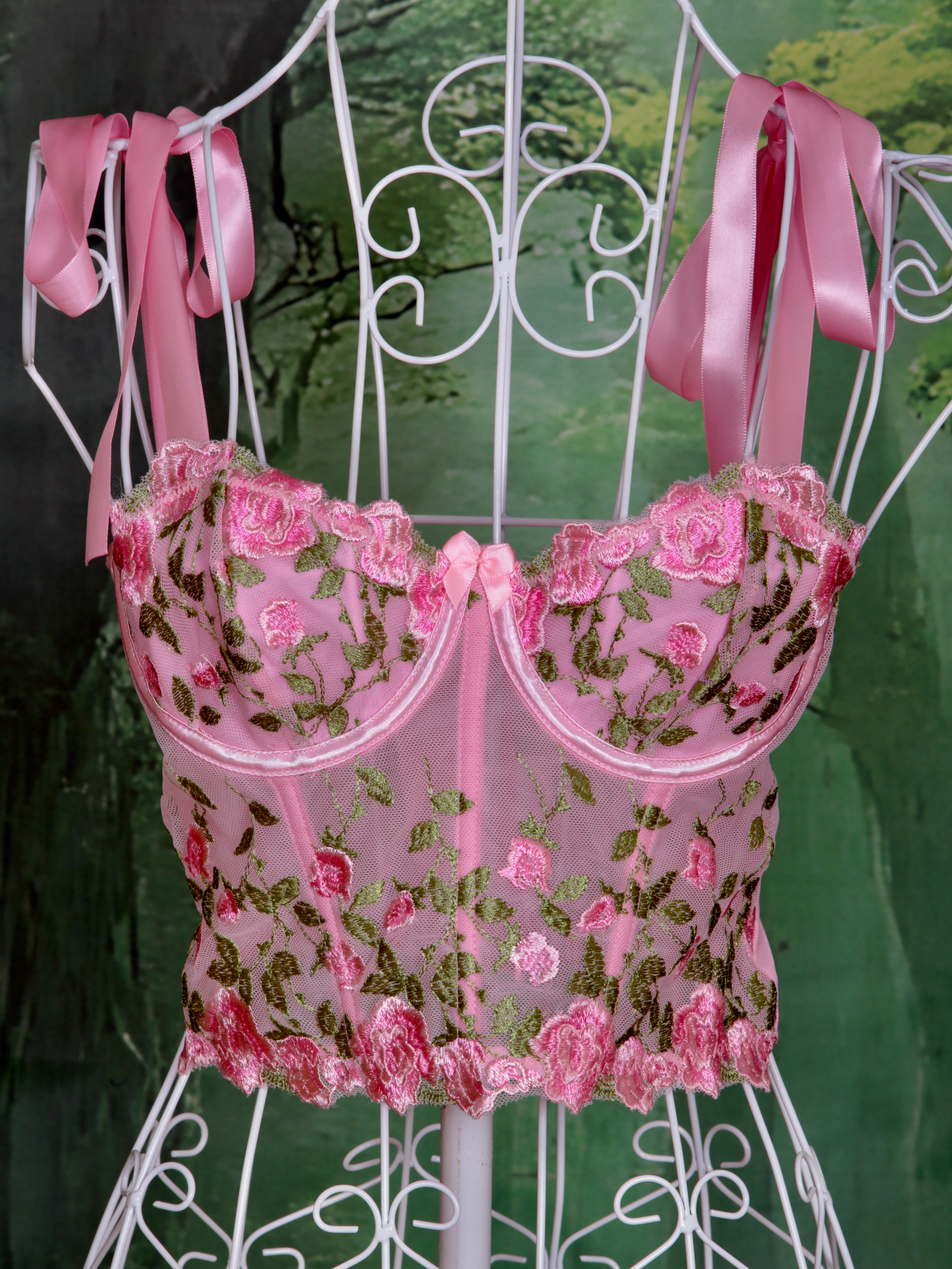 Floral Pink Corset with Sweet Pink Bows - Handmade in Pastel Pink