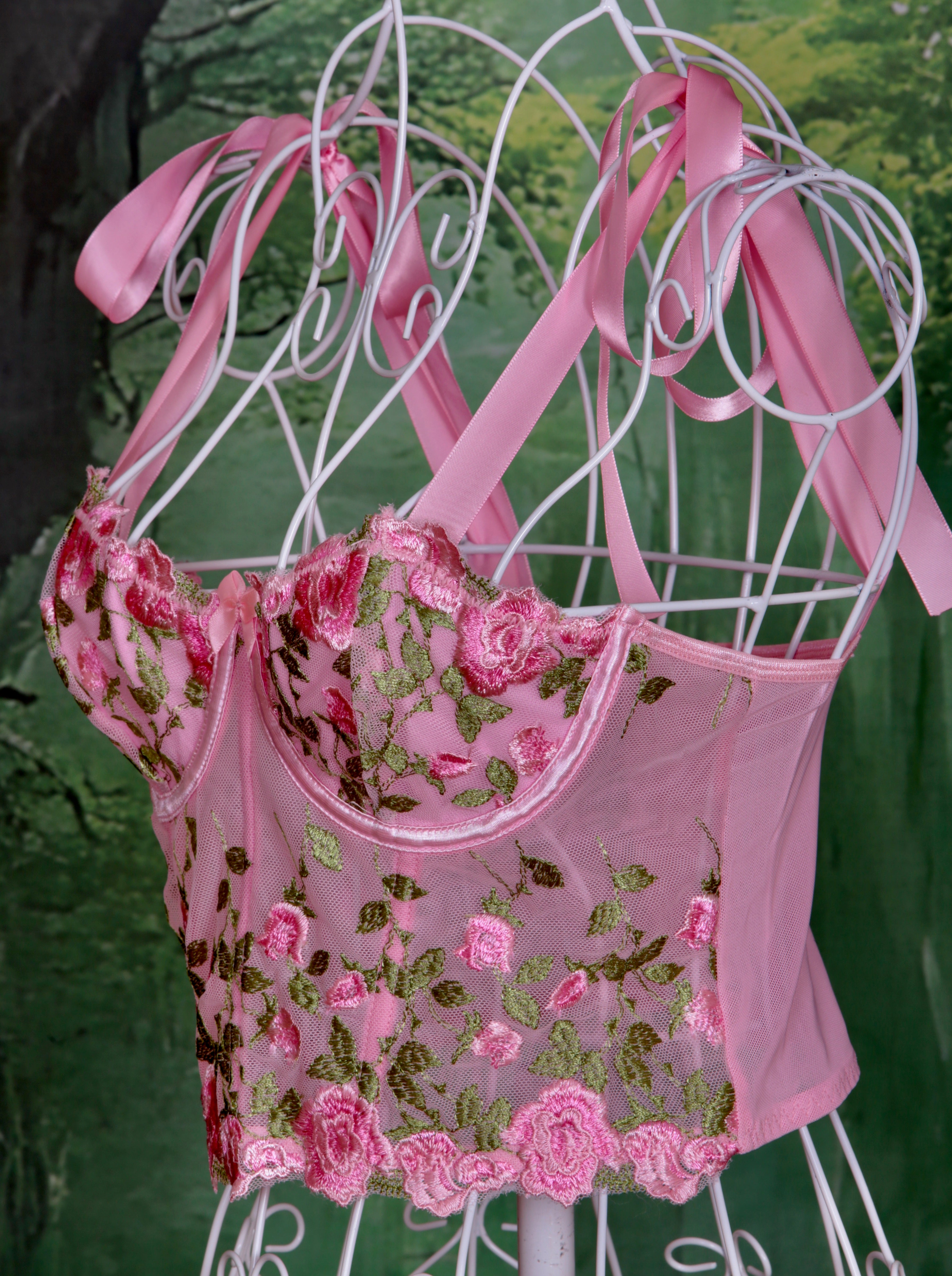 Floral Pink Corset with Sweet Pink Bows - Handmade in Pastel Pink