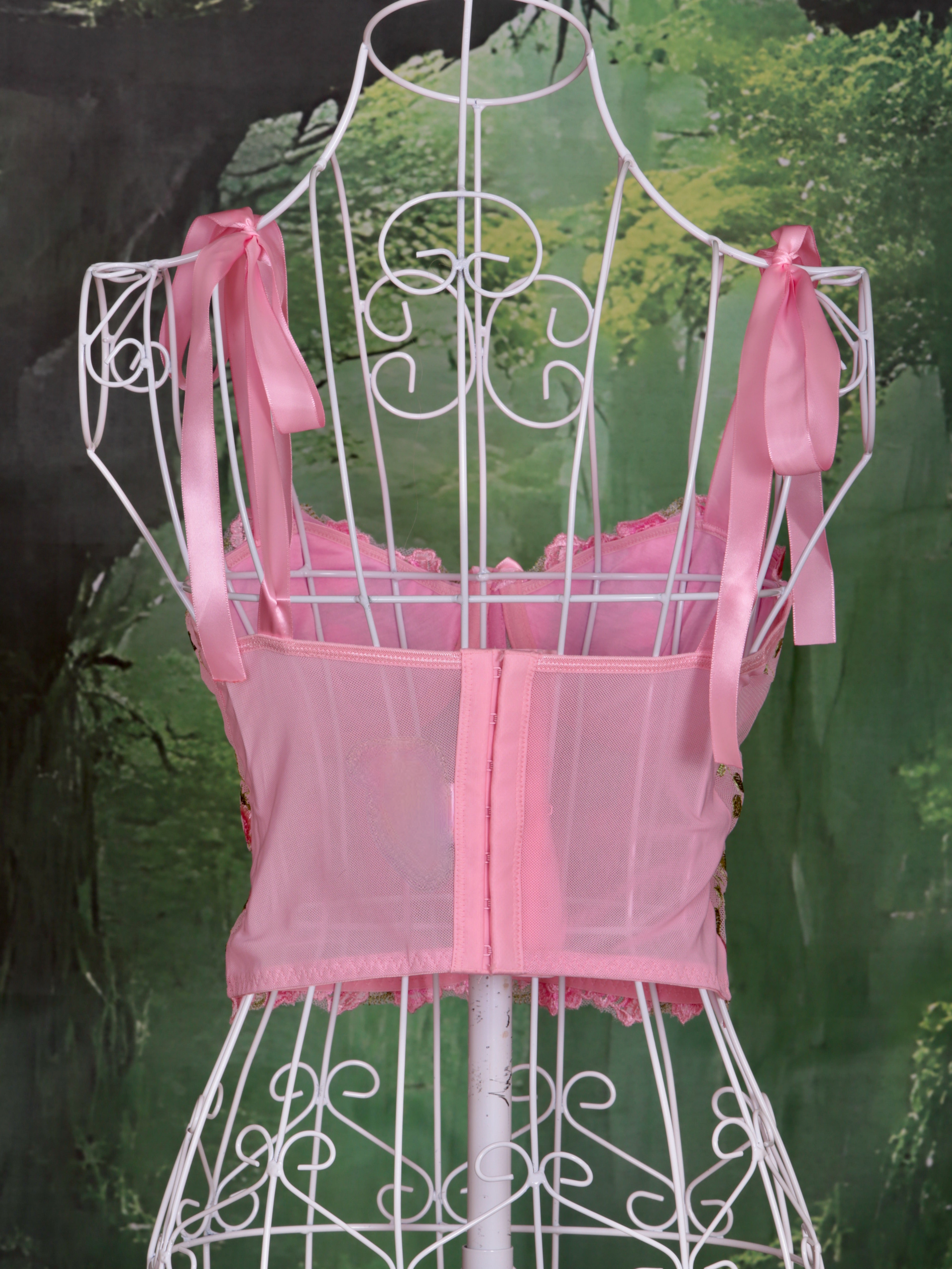 Floral Pink Corset with Sweet Pink Bows - Handmade in Pastel Pink