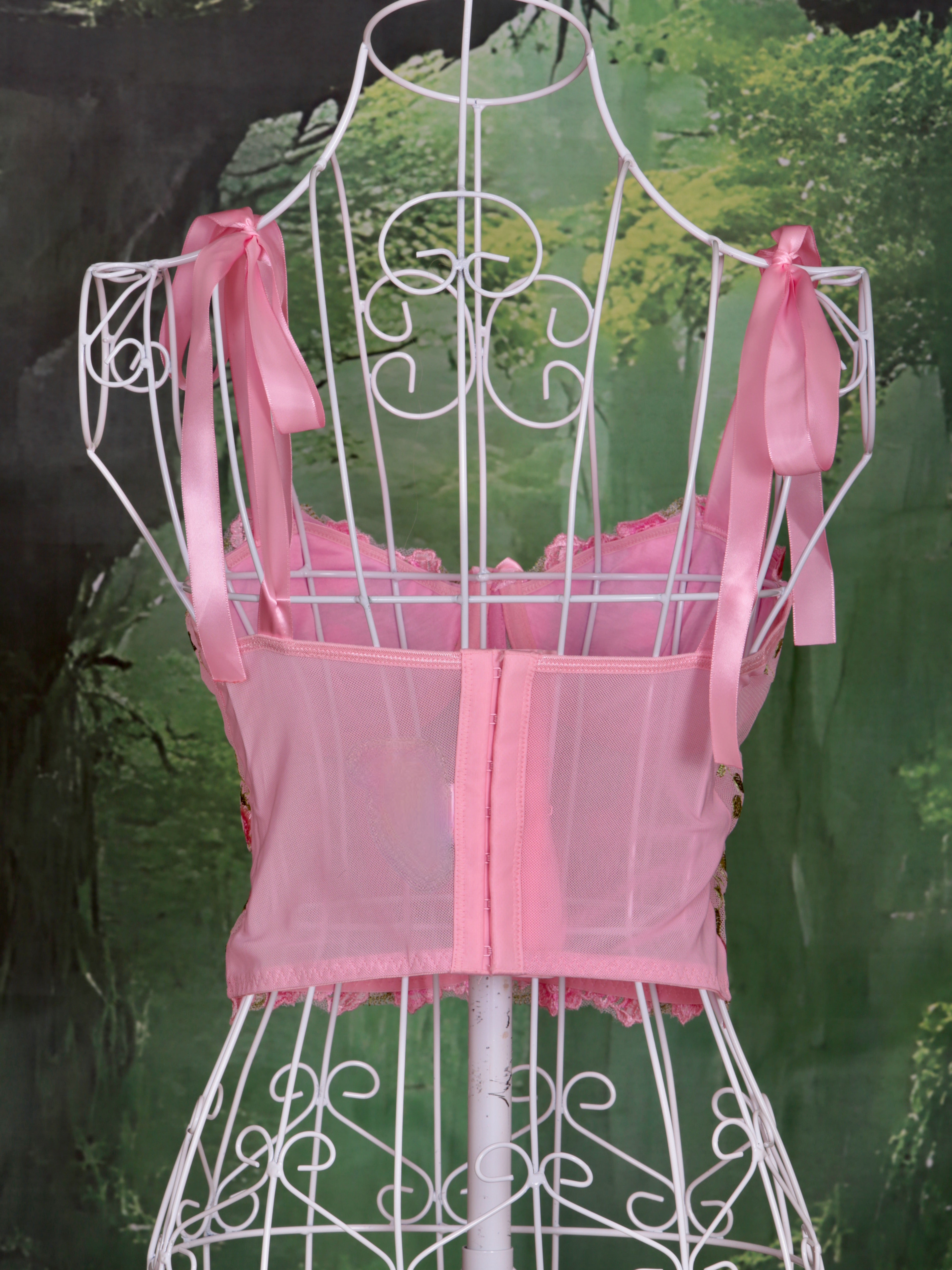 Floral Pink Corset with Sweet Pink Bows - Handmade in Pastel Pink