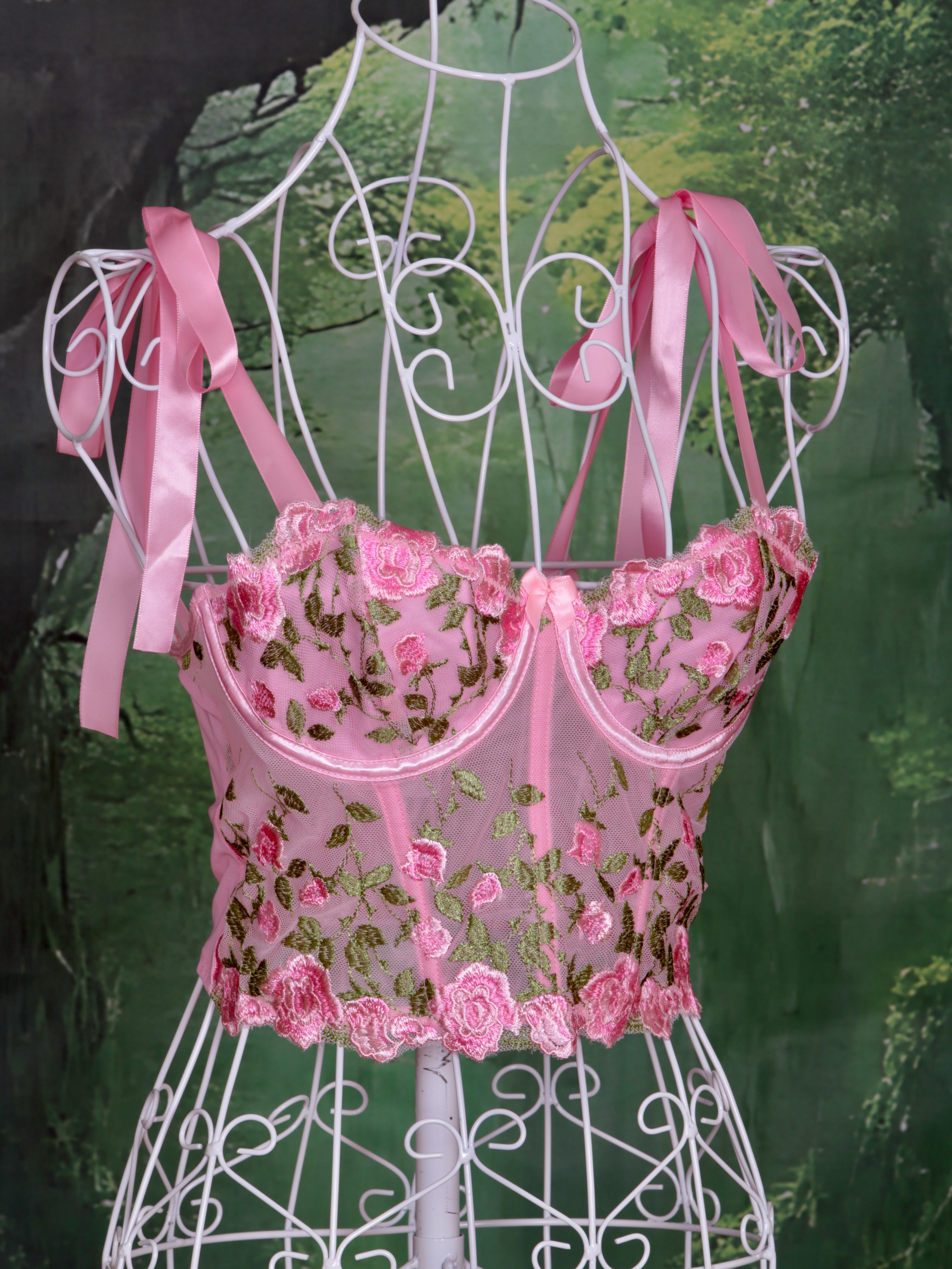 Floral Pink Corset with Sweet Pink Bows - Handmade in Pastel Pink