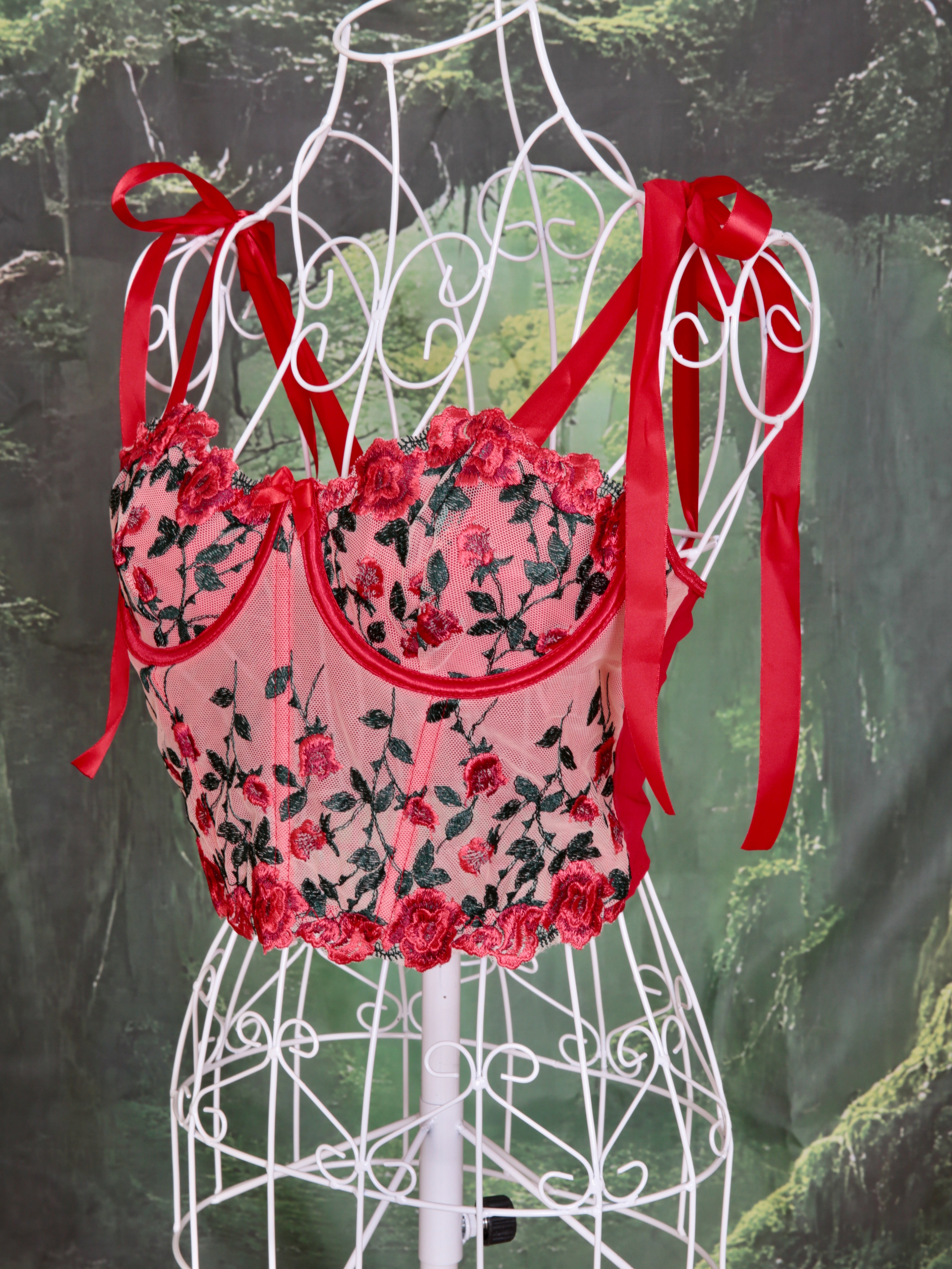 Floral Red Corset, fairy wings  and tutu. Hen party, fairy cosplay, fairy core, woodland party, fairy dress up